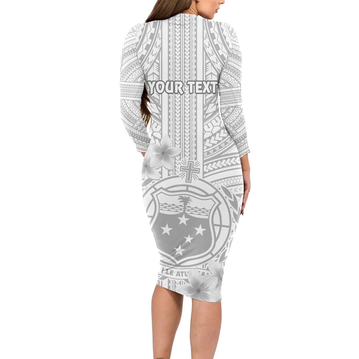 personalised-samoa-white-sunday-long-sleeve-bodycon-dress-manuia-le-aso-sa-o-tamaiti-polynesian-plumeria