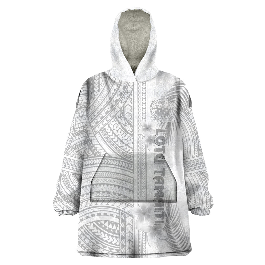Personalised Samoa White Sunday Wearable Blanket Hoodie Manuia le Aso Sa o Tamaiti Polynesian Plumeria LT14 One Size White - Polynesian Pride