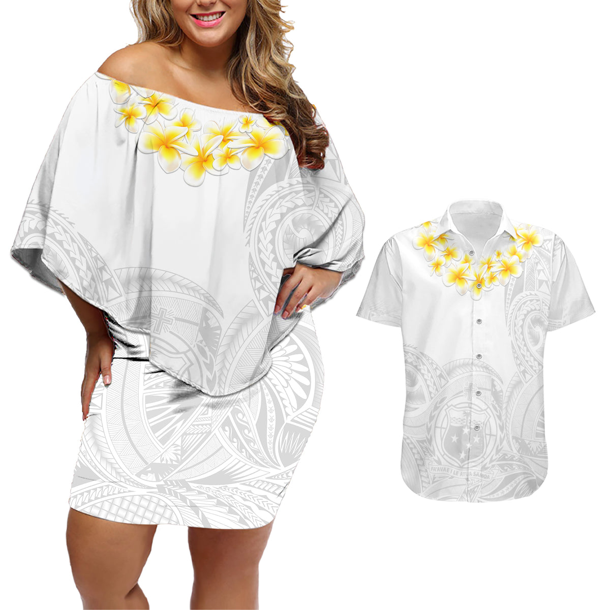 Samoa White Sunday Couples Matching Off Shoulder Short Dress and Hawaiian Shirt Lotu Tamaiti 2023 With Coat Of Arms LT14 White - Polynesian Pride