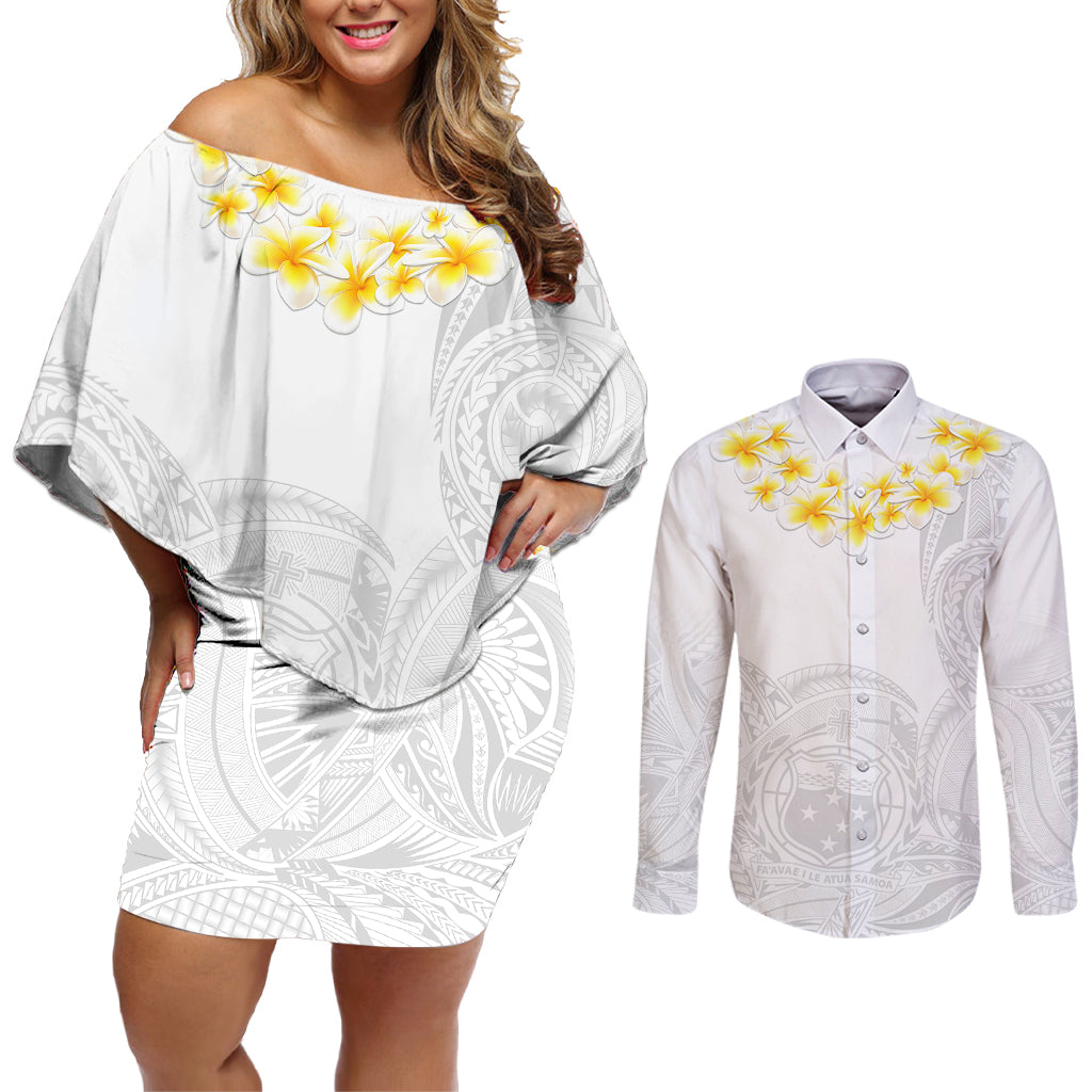 Samoa White Sunday Couples Matching Off Shoulder Short Dress and Long Sleeve Button Shirts Lotu Tamaiti 2023 With Coat Of Arms LT14 White - Polynesian Pride