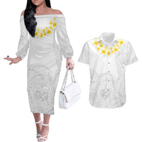 Samoa White Sunday Couples Matching Off The Shoulder Long Sleeve Dress and Hawaiian Shirt Lotu Tamaiti 2023 With Coat Of Arms LT14 White - Polynesian Pride