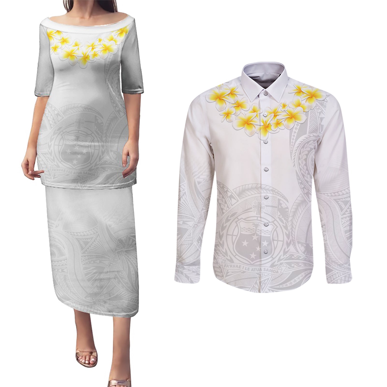 Samoa White Sunday Couples Matching Puletasi Dress and Long Sleeve Button Shirts Lotu Tamaiti 2023 With Coat Of Arms LT14 White - Polynesian Pride