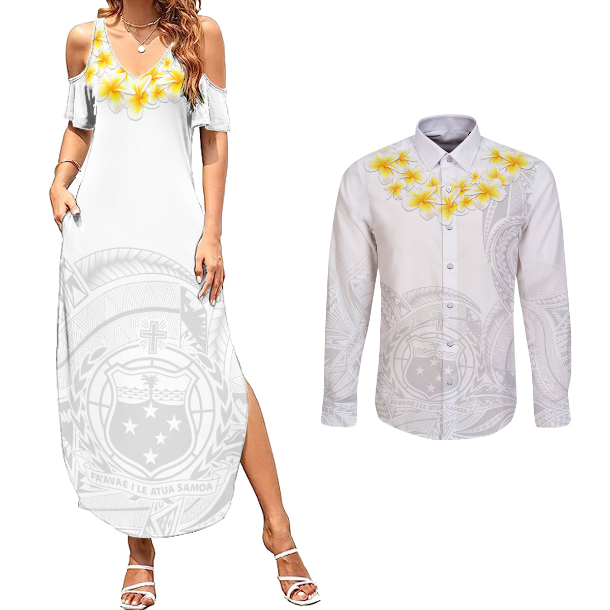 Samoa White Sunday Couples Matching Summer Maxi Dress and Long Sleeve Button Shirts Lotu Tamaiti 2023 With Coat Of Arms LT14 White - Polynesian Pride