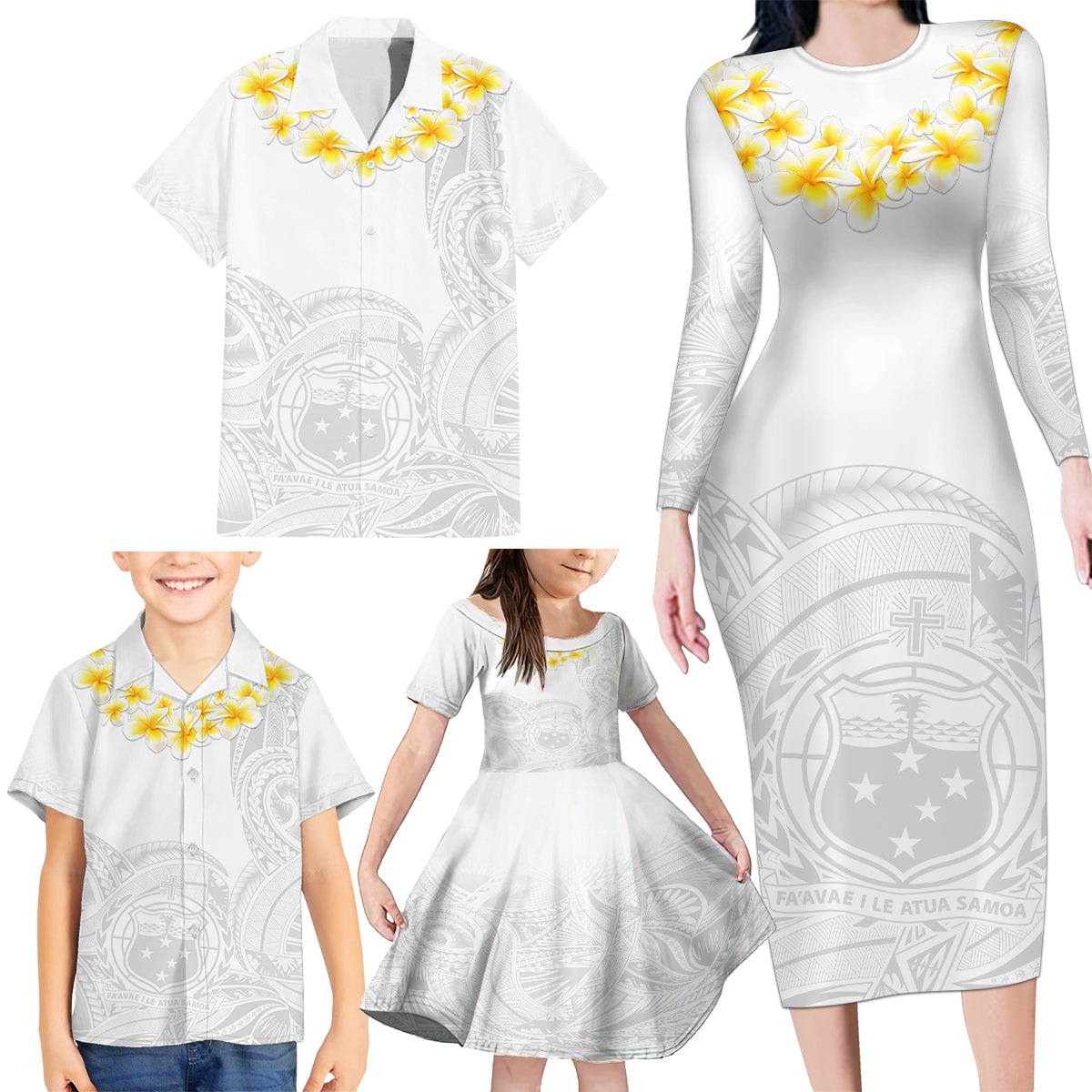 Samoa White Sunday Family Matching Long Sleeve Bodycon Dress and Hawaiian Shirt Lotu Tamaiti 2023 With Coat Of Arms LT14 - Polynesian Pride