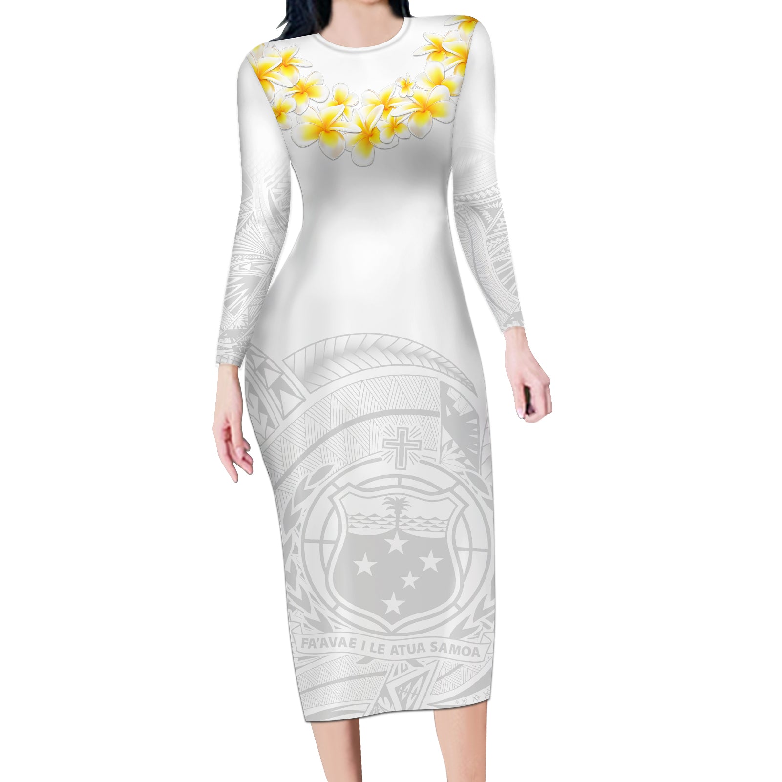 Samoa White Sunday Long Sleeve Bodycon Dress Lotu Tamaiti 2023 With Coat Of Arms LT14 Long Dress White - Polynesian Pride