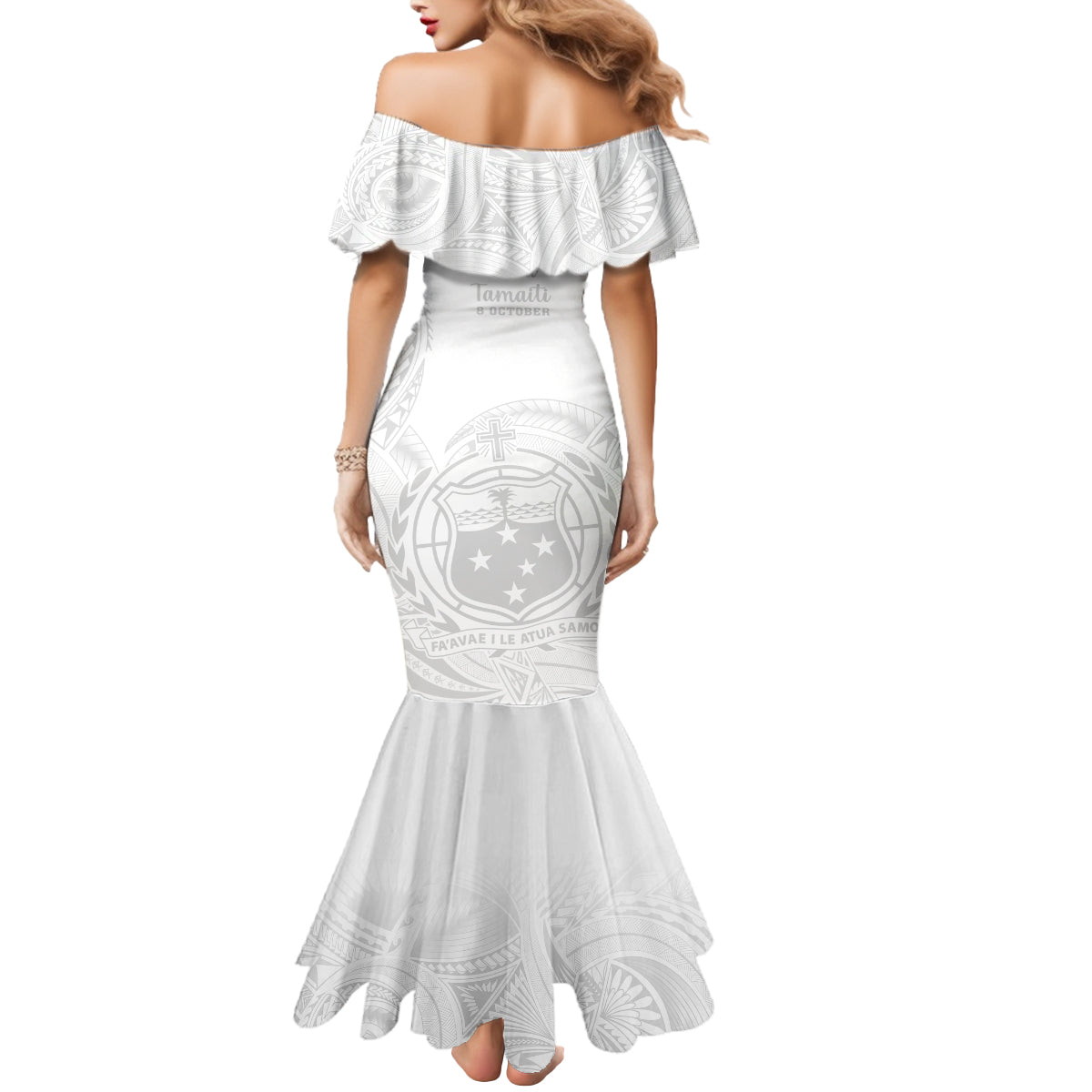 Samoa White Sunday Mermaid Dress Lotu Tamaiti 2023 With Coat Of Arms LT14 - Polynesian Pride