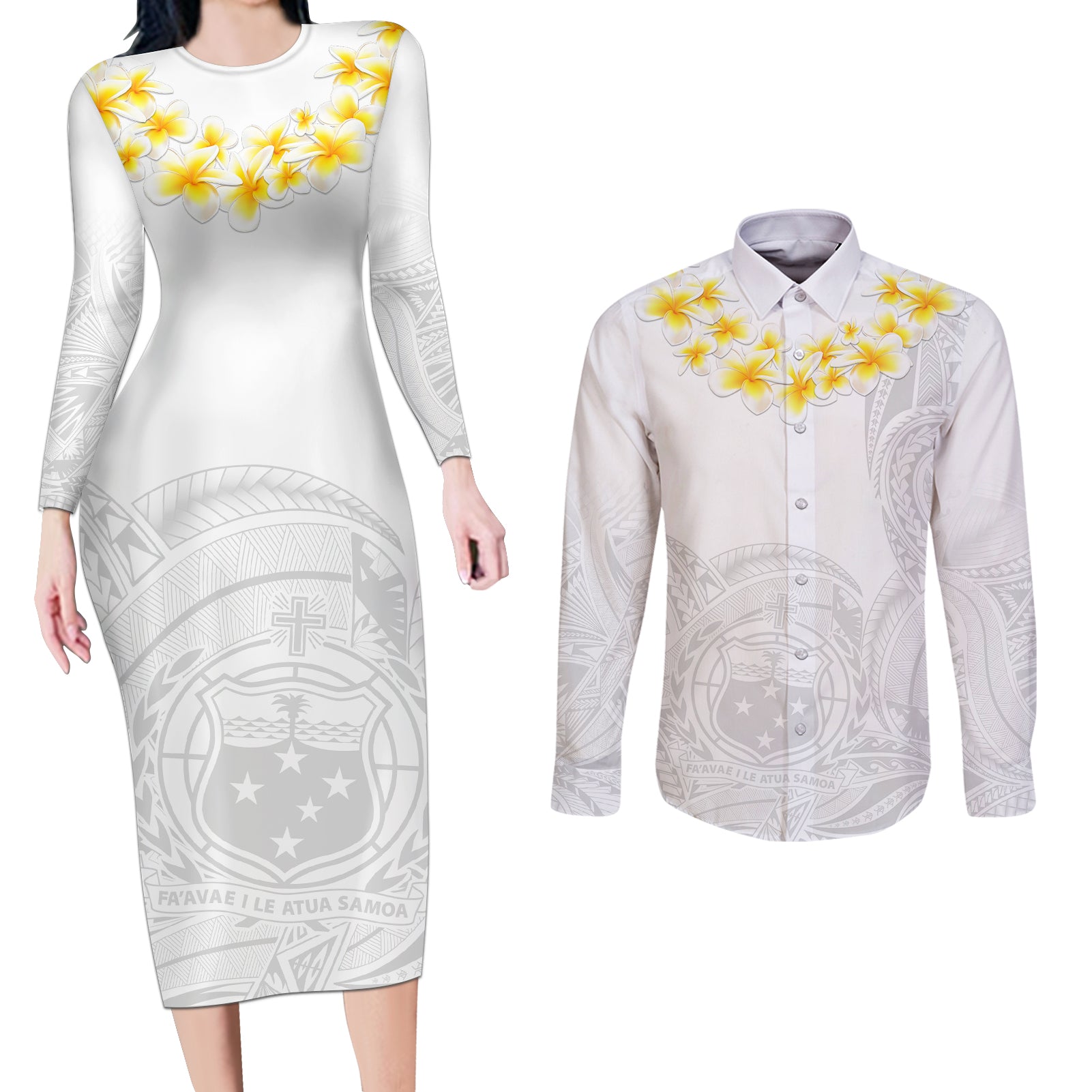 Personalised Samoa White Sunday Couples Matching Long Sleeve Bodycon Dress and Long Sleeve Button Shirts Lotu Tamaiti 2023 With Coat Of Arms LT14 White - Polynesian Pride