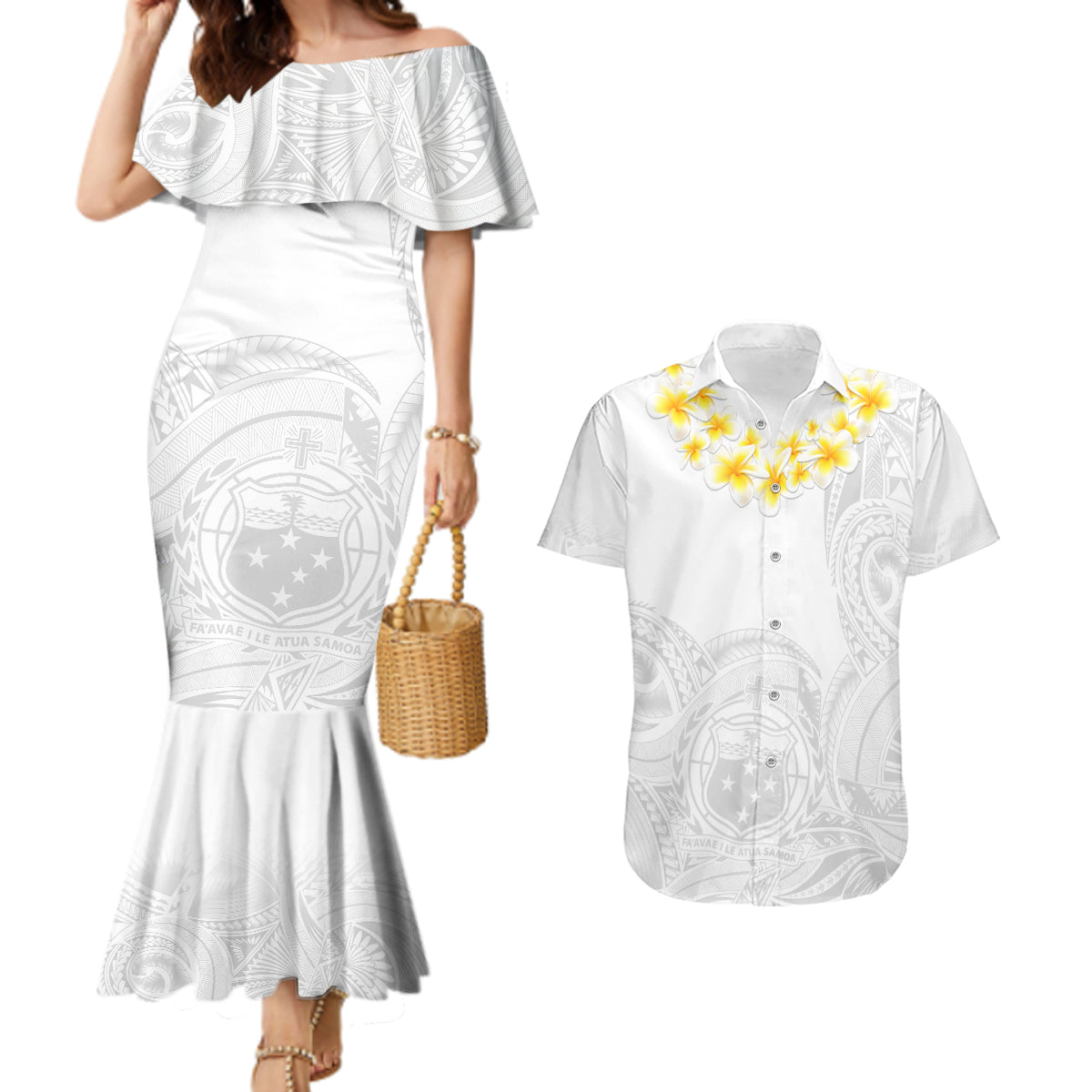 Personalised Samoa White Sunday Couples Matching Mermaid Dress and Hawaiian Shirt Lotu Tamaiti 2023 With Coat Of Arms LT14 White - Polynesian Pride