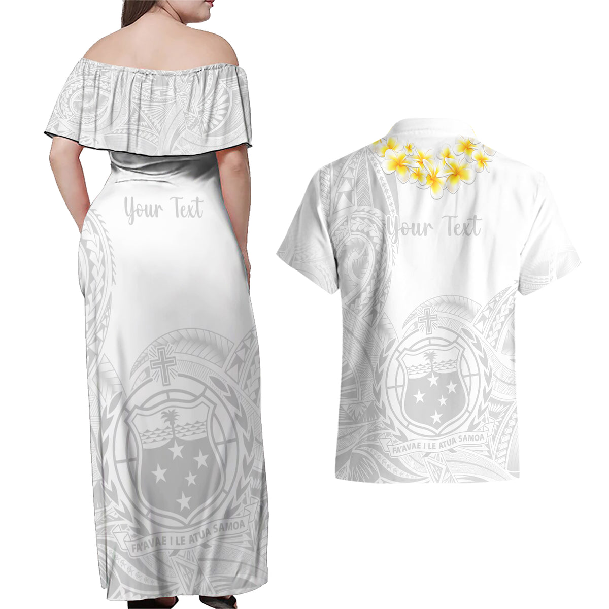 Personalised Samoa White Sunday Couples Matching Off Shoulder Maxi Dress and Hawaiian Shirt Lotu Tamaiti 2023 With Coat Of Arms LT14 - Polynesian Pride