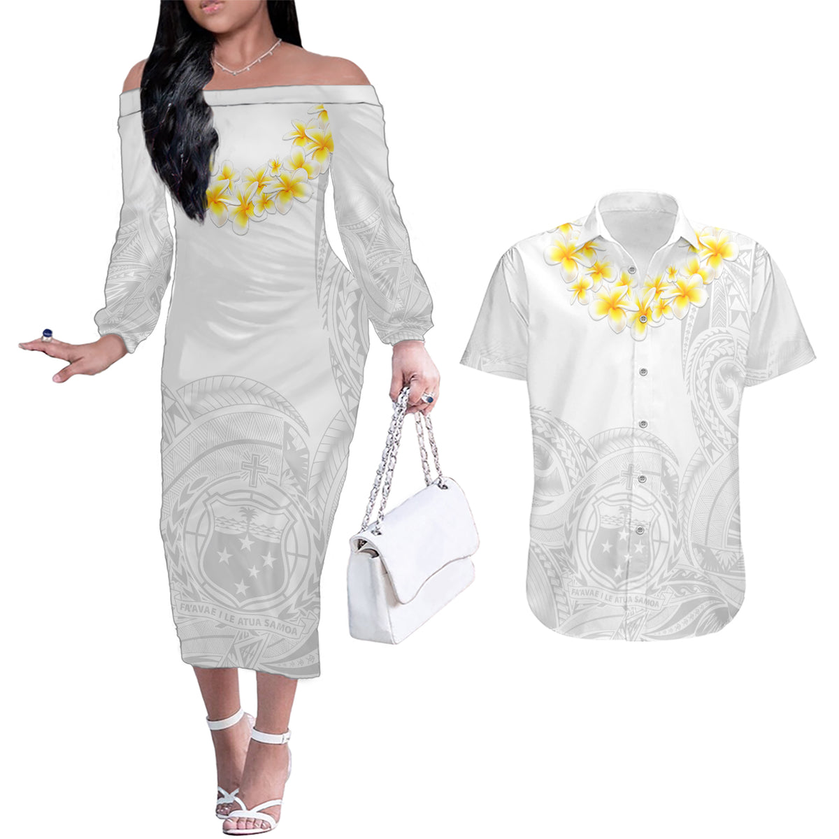 Personalised Samoa White Sunday Couples Matching Off The Shoulder Long Sleeve Dress and Hawaiian Shirt Lotu Tamaiti 2023 With Coat Of Arms LT14 White - Polynesian Pride