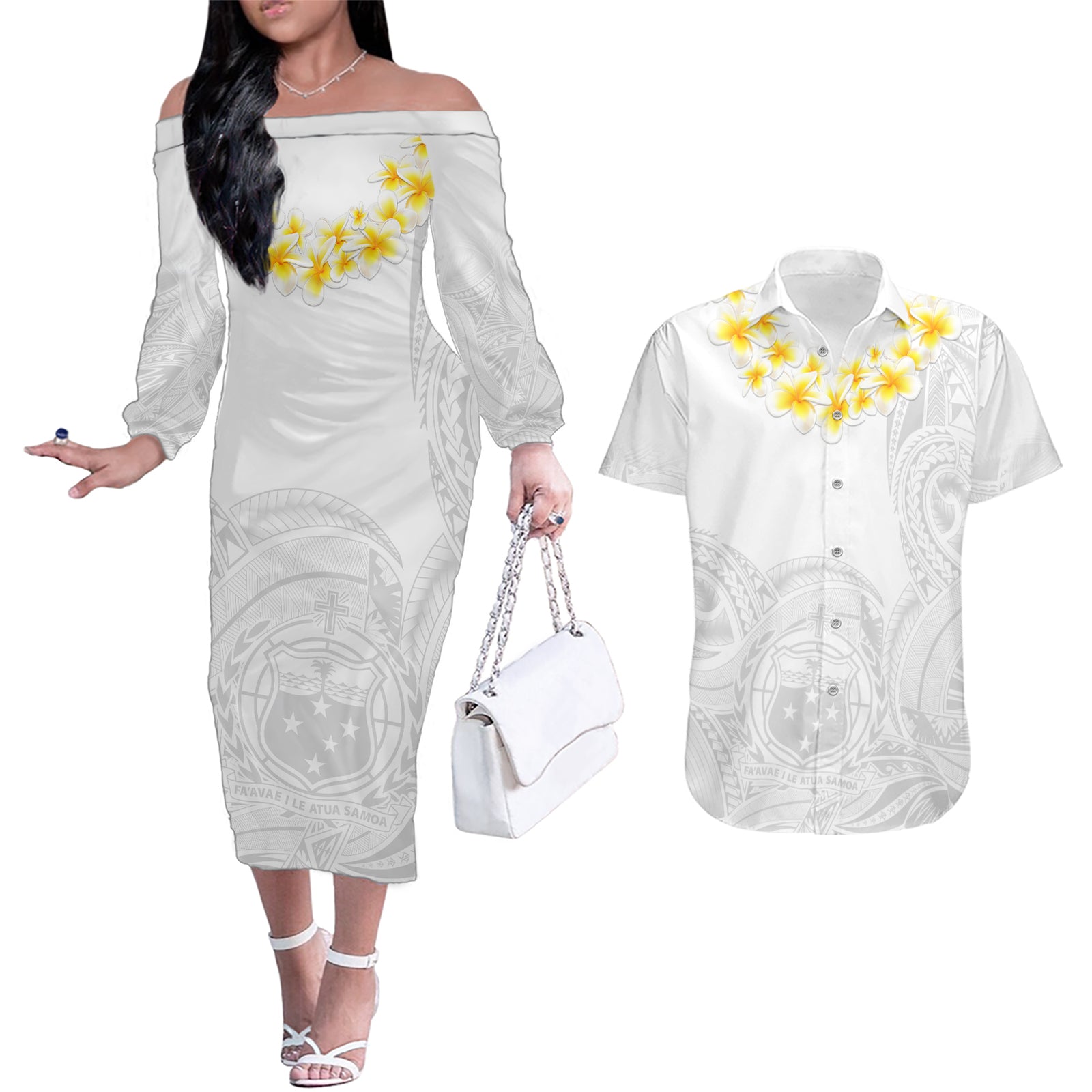 Personalised Samoa White Sunday Couples Matching Off The Shoulder Long Sleeve Dress and Hawaiian Shirt Lotu Tamaiti 2023 With Coat Of Arms LT14 White - Polynesian Pride