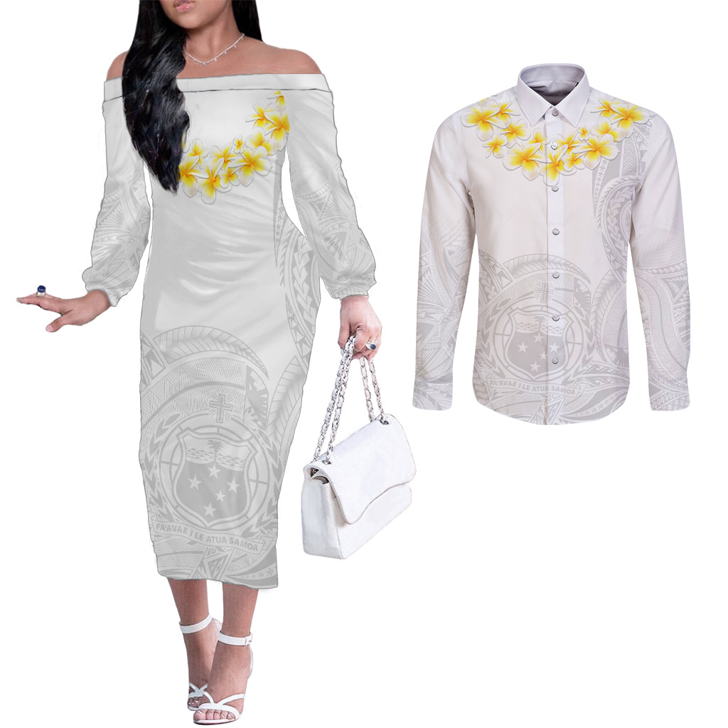 Personalised Samoa White Sunday Couples Matching Off The Shoulder Long Sleeve Dress and Long Sleeve Button Shirts Lotu Tamaiti 2023 With Coat Of Arms LT14 White - Polynesian Pride