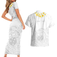 Personalised Samoa White Sunday Couples Matching Short Sleeve Bodycon Dress and Hawaiian Shirt Lotu Tamaiti 2023 With Coat Of Arms LT14 - Polynesian Pride