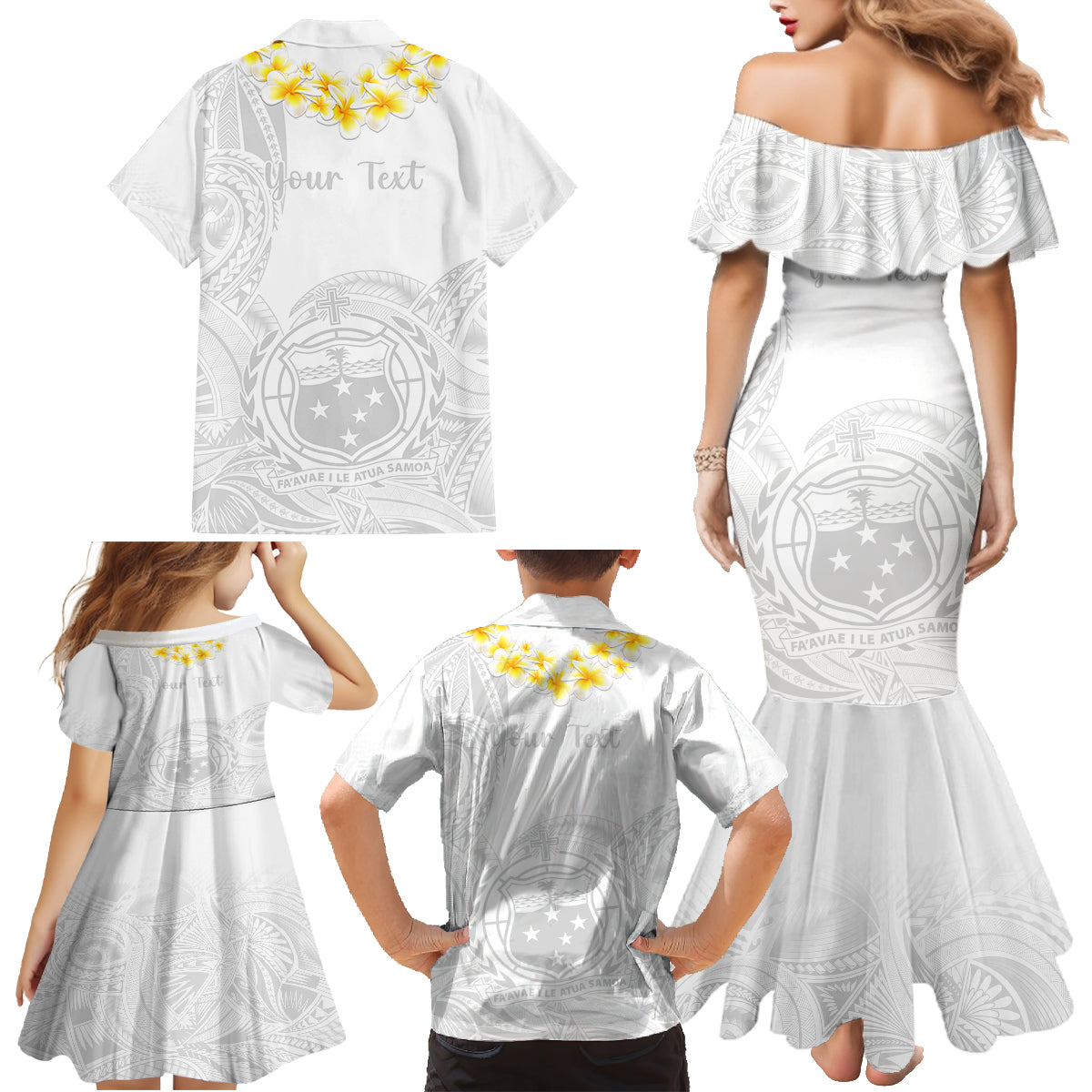 Personalised Samoa White Sunday Family Matching Mermaid Dress and Hawaiian Shirt Lotu Tamaiti 2023 With Coat Of Arms LT14 - Polynesian Pride