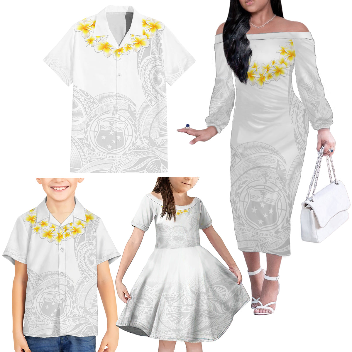 Personalised Samoa White Sunday Family Matching Off Shoulder Long Sleeve Dress and Hawaiian Shirt Lotu Tamaiti 2023 With Coat Of Arms LT14 - Polynesian Pride