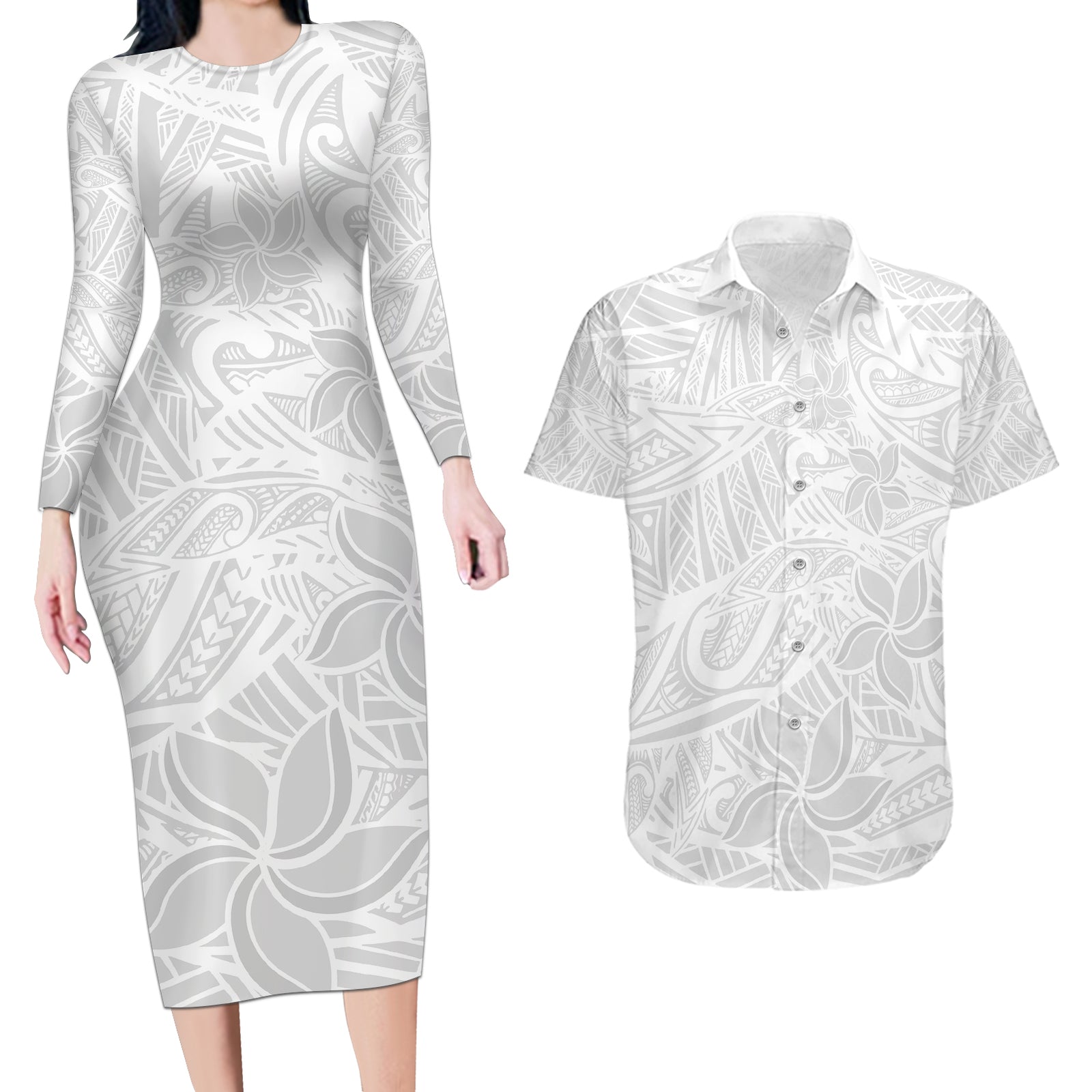 Polynesia White Sunday Couples Matching Long Sleeve Bodycon Dress and Hawaiian Shirt Polynesian Pattern With Tropical Flowers LT14 White - Polynesian Pride