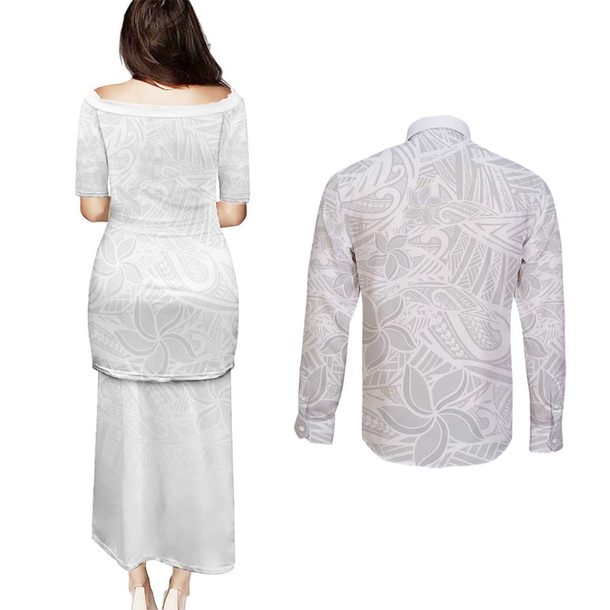 Polynesia White Sunday Couples Matching Puletasi Dress and Long Sleeve Button Shirts Polynesian Pattern With Tropical Flowers LT14 - Polynesian Pride