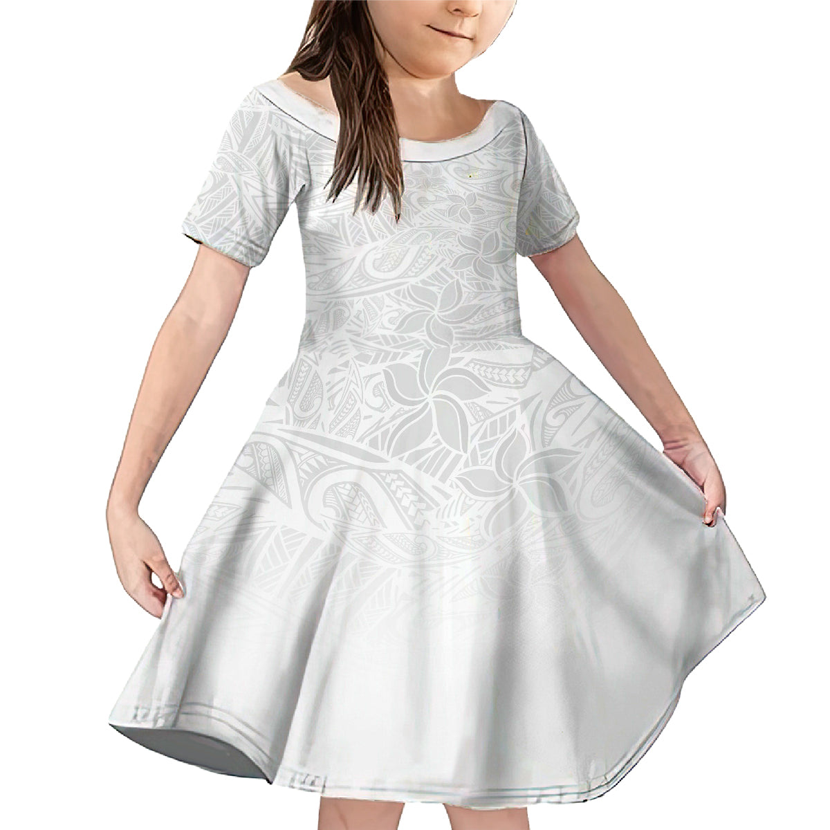 Polynesia White Sunday Family Matching Mermaid Dress and Hawaiian Shirt Polynesian Pattern With Tropical Flowers LT14 Daughter's Dress White - Polynesian Pride