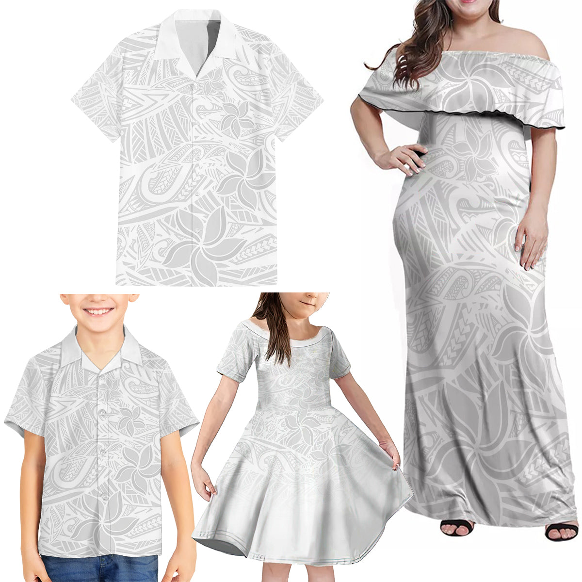 Polynesia White Sunday Family Matching Off Shoulder Maxi Dress and Hawaiian Shirt Polynesian Pattern With Tropical Flowers LT14 - Polynesian Pride