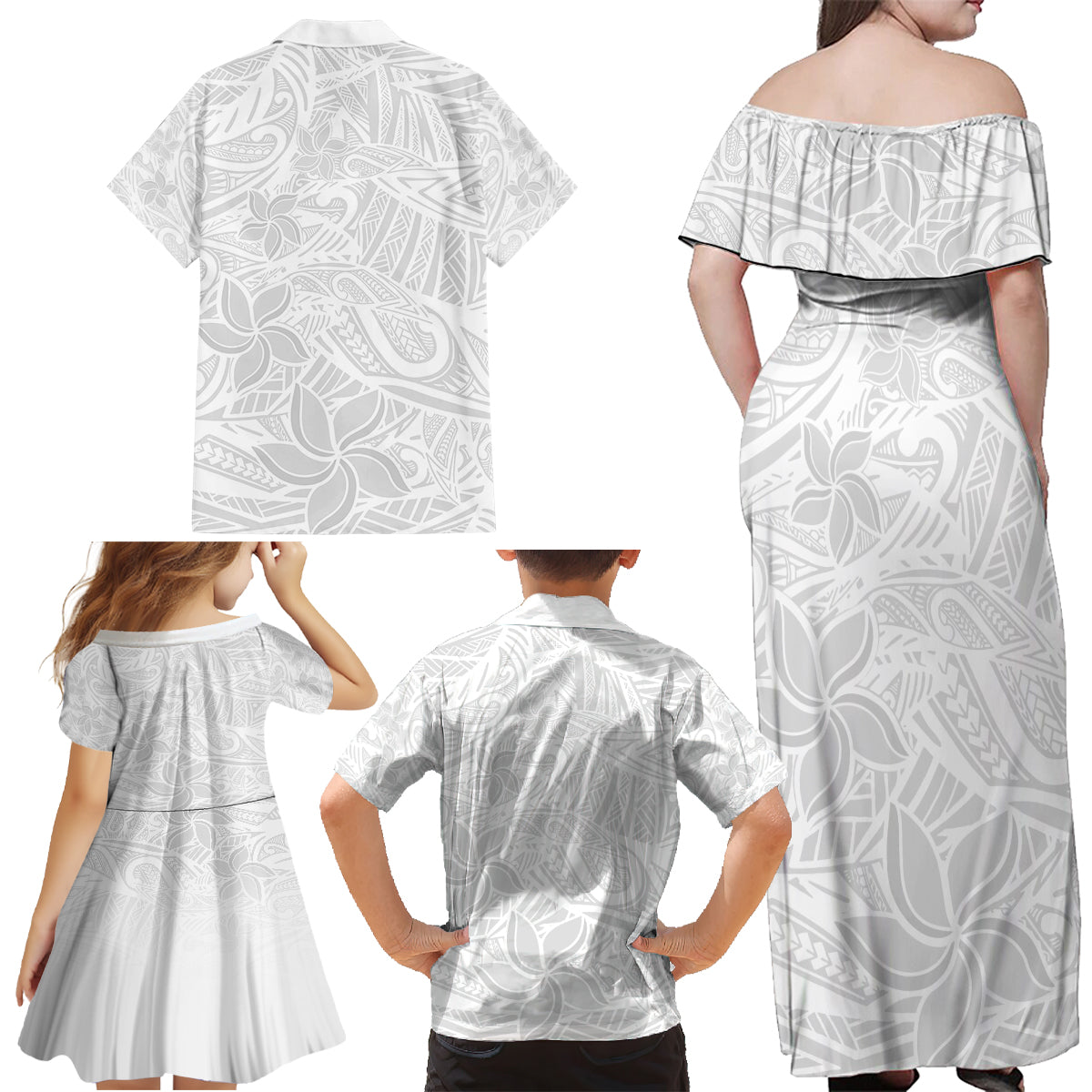 Polynesia White Sunday Family Matching Off Shoulder Maxi Dress and Hawaiian Shirt Polynesian Pattern With Tropical Flowers LT14 - Polynesian Pride