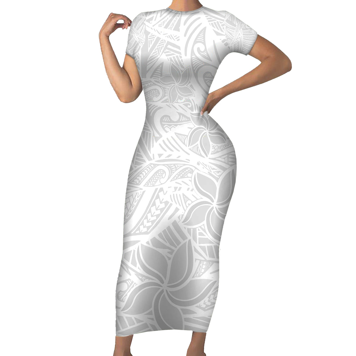 Polynesia White Sunday Family Matching Short Sleeve Bodycon Dress and Hawaiian Shirt Polynesian Pattern With Tropical Flowers LT14 Mom's Dress White - Polynesian Pride