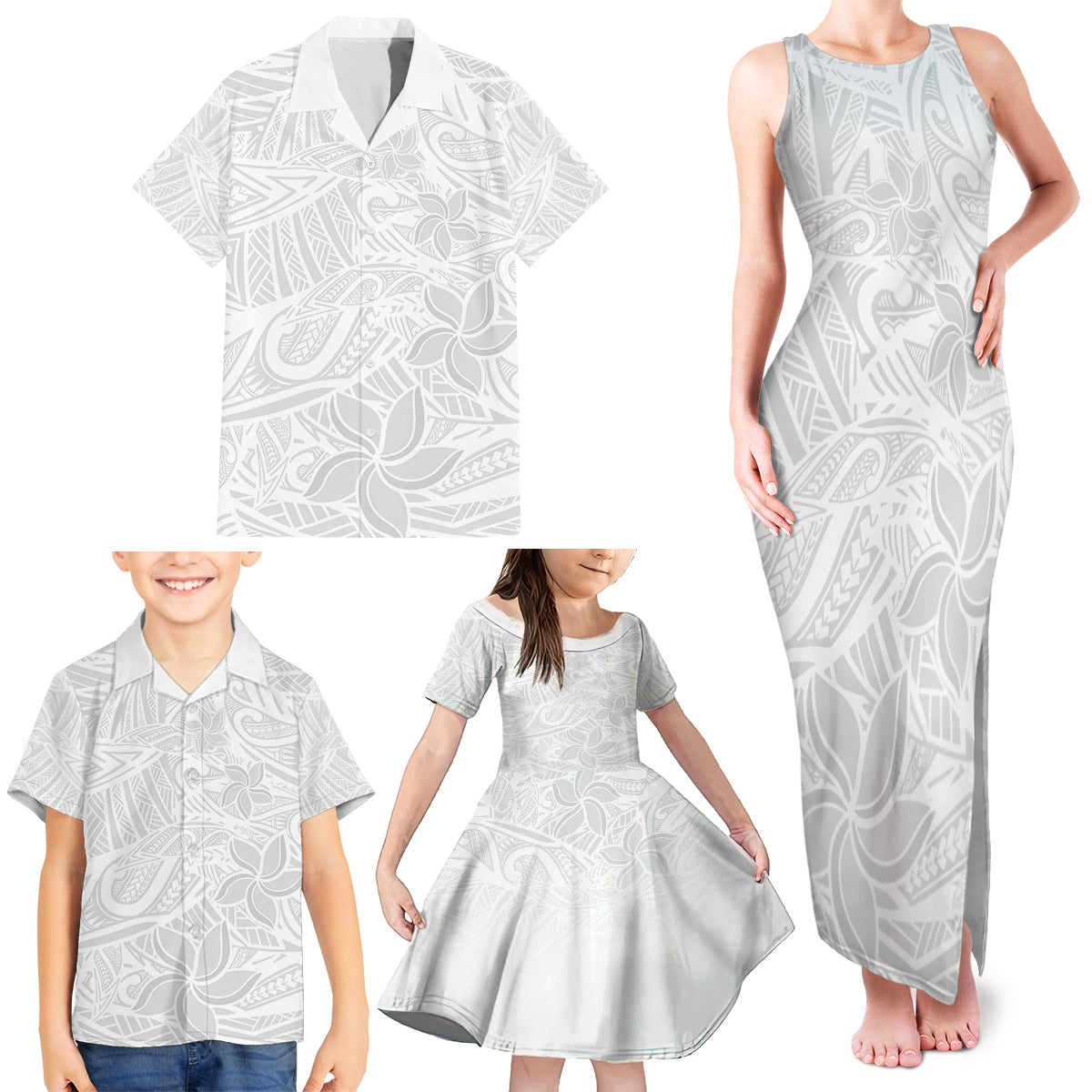 Polynesia White Sunday Family Matching Tank Maxi Dress and Hawaiian Shirt Polynesian Pattern With Tropical Flowers LT14 - Polynesian Pride