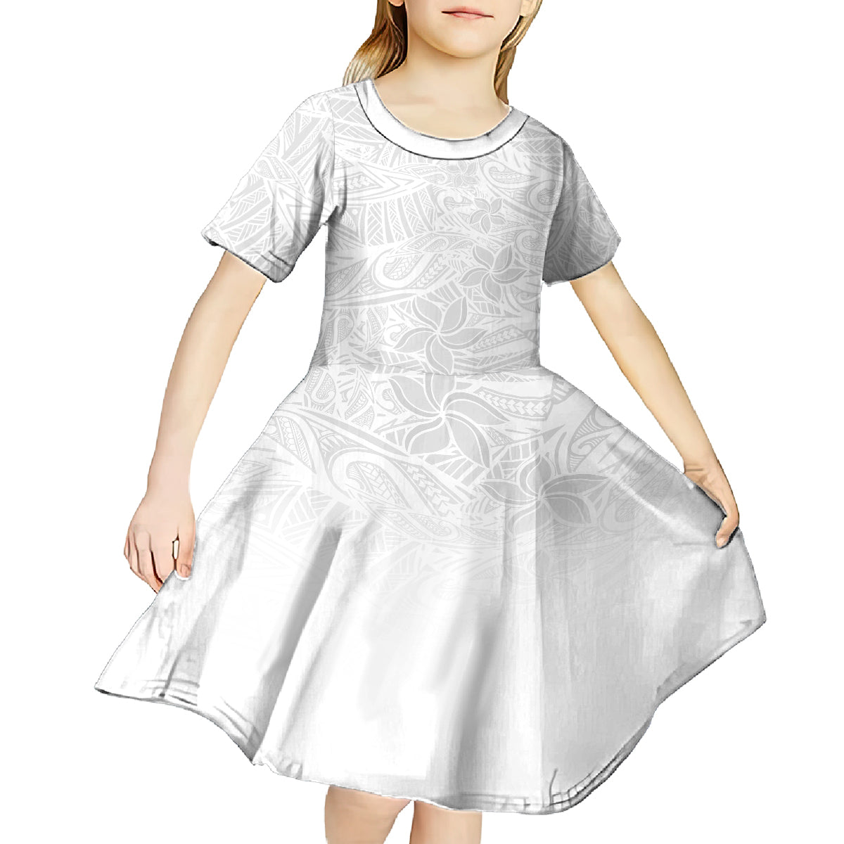 Polynesia White Sunday Kid Short Sleeve Dress Polynesian Pattern With Tropical Flowers LT14 - Polynesian Pride