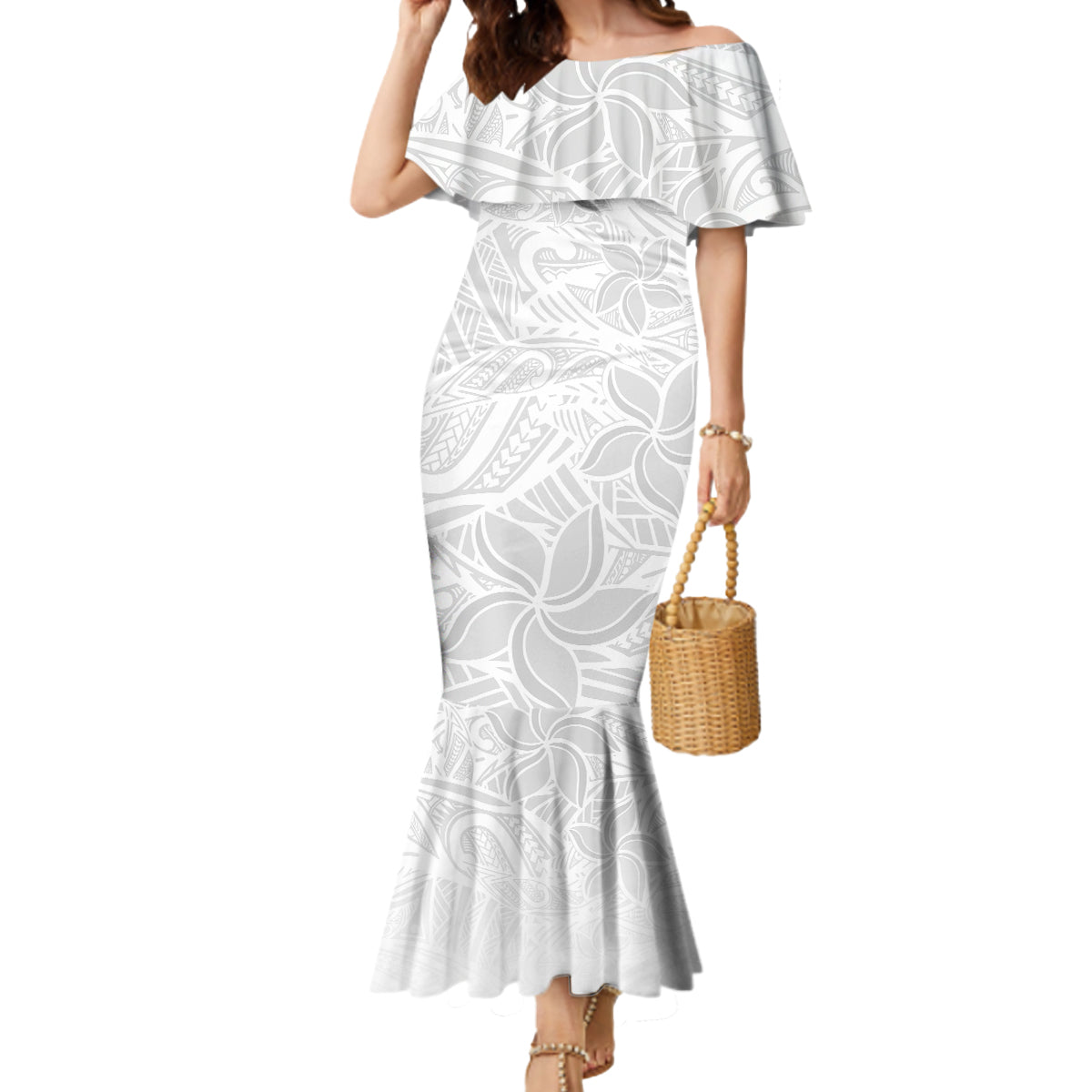 Polynesia White Sunday Mermaid Dress Polynesian Pattern With Tropical Flowers LT14 Women White - Polynesian Pride