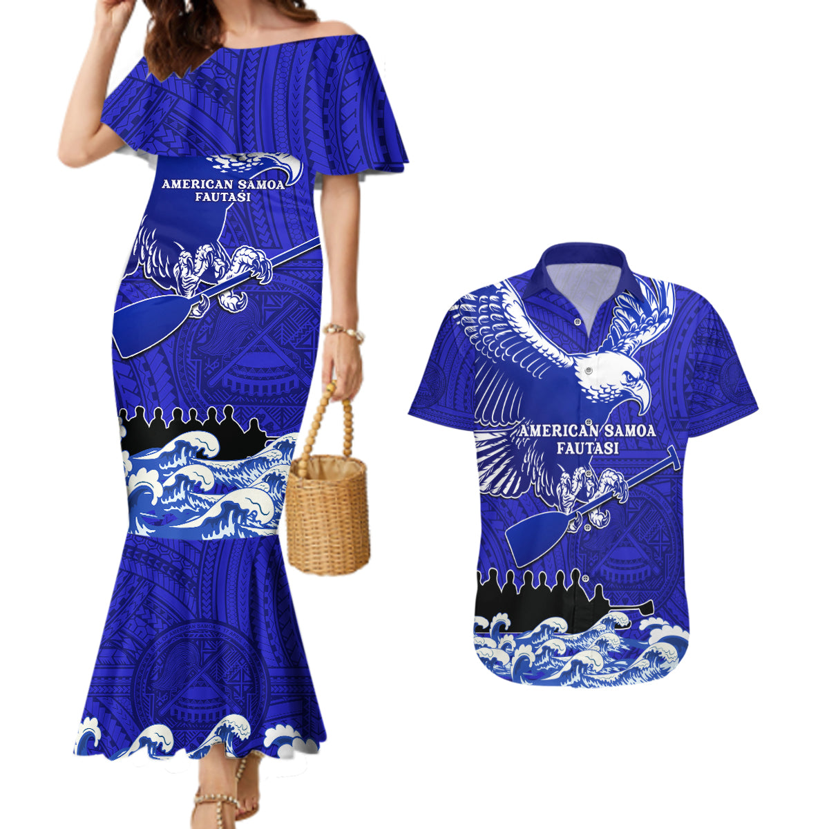 Personalised American Samoa Fautasi Race Couples Matching Mermaid Dress and Hawaiian Shirt Eagle With Polynesian Pattern LT14 Blue - Polynesian Pride