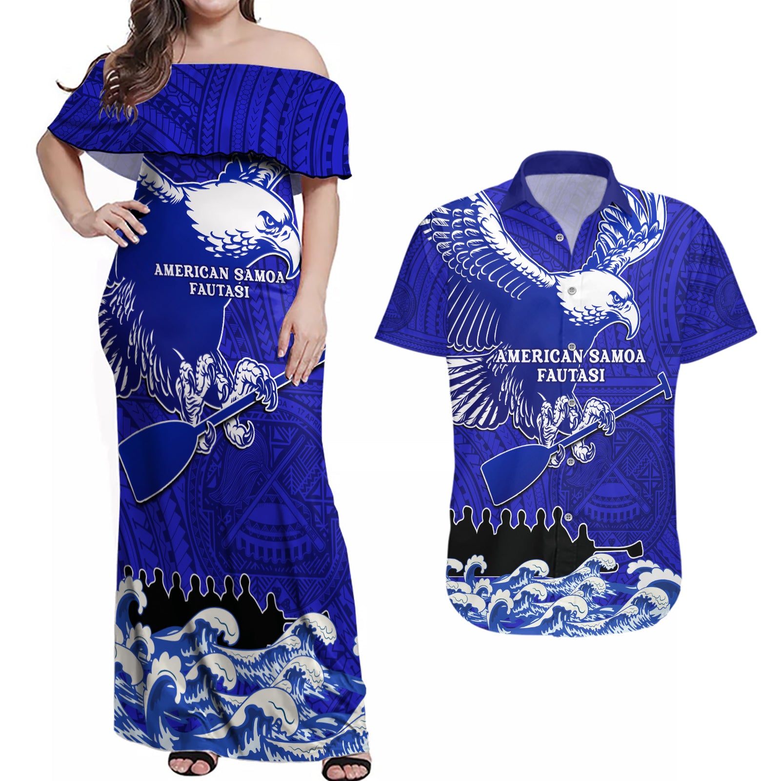 Personalised American Samoa Fautasi Race Couples Matching Off Shoulder Maxi Dress and Hawaiian Shirt Eagle With Polynesian Pattern LT14 Blue - Polynesian Pride