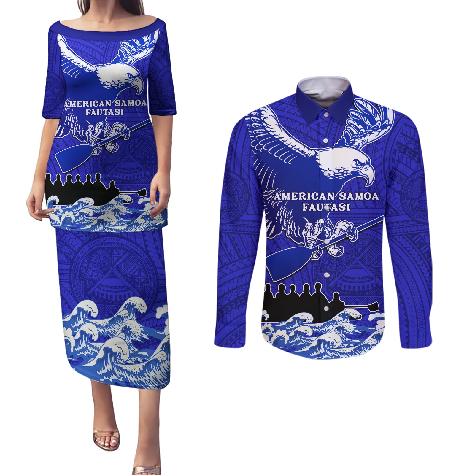 Personalised American Samoa Fautasi Race Couples Matching Puletasi Dress and Long Sleeve Button Shirts Eagle With Polynesian Pattern LT14 Blue - Polynesian Pride