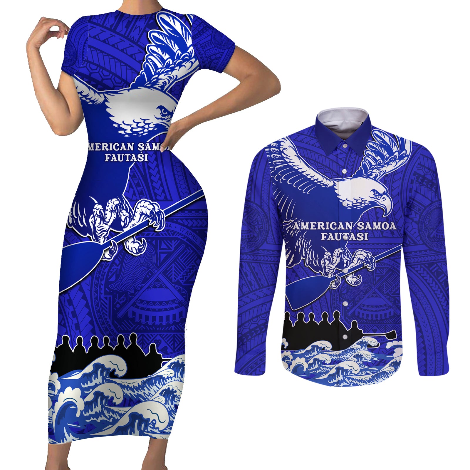 Personalised American Samoa Fautasi Race Couples Matching Short Sleeve Bodycon Dress and Long Sleeve Button Shirts Eagle With Polynesian Pattern LT14 Blue - Polynesian Pride
