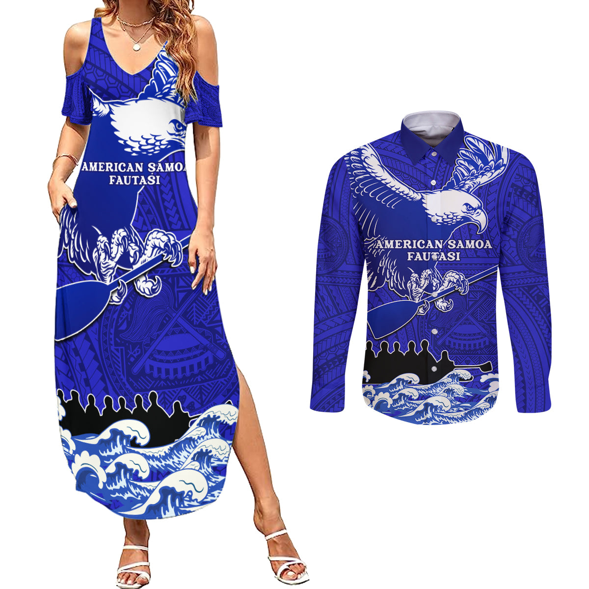 Personalised American Samoa Fautasi Race Couples Matching Summer Maxi Dress and Long Sleeve Button Shirts Eagle With Polynesian Pattern LT14 Blue - Polynesian Pride