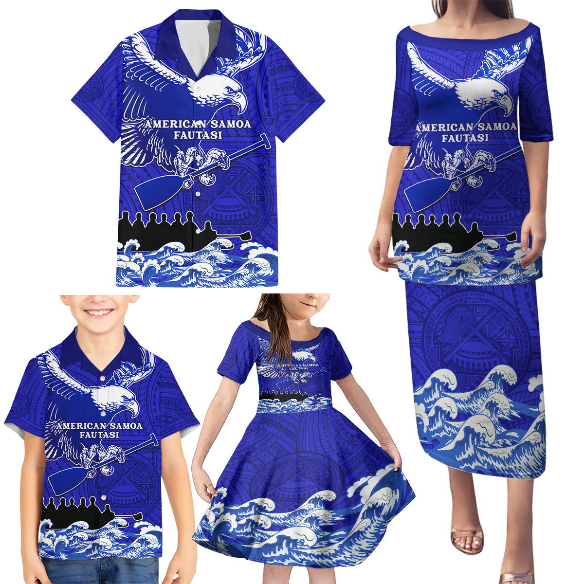 Personalised American Samoa Fautasi Race Family Matching Puletasi Dress and Hawaiian Shirt Eagle With Polynesian Pattern LT14 - Polynesian Pride