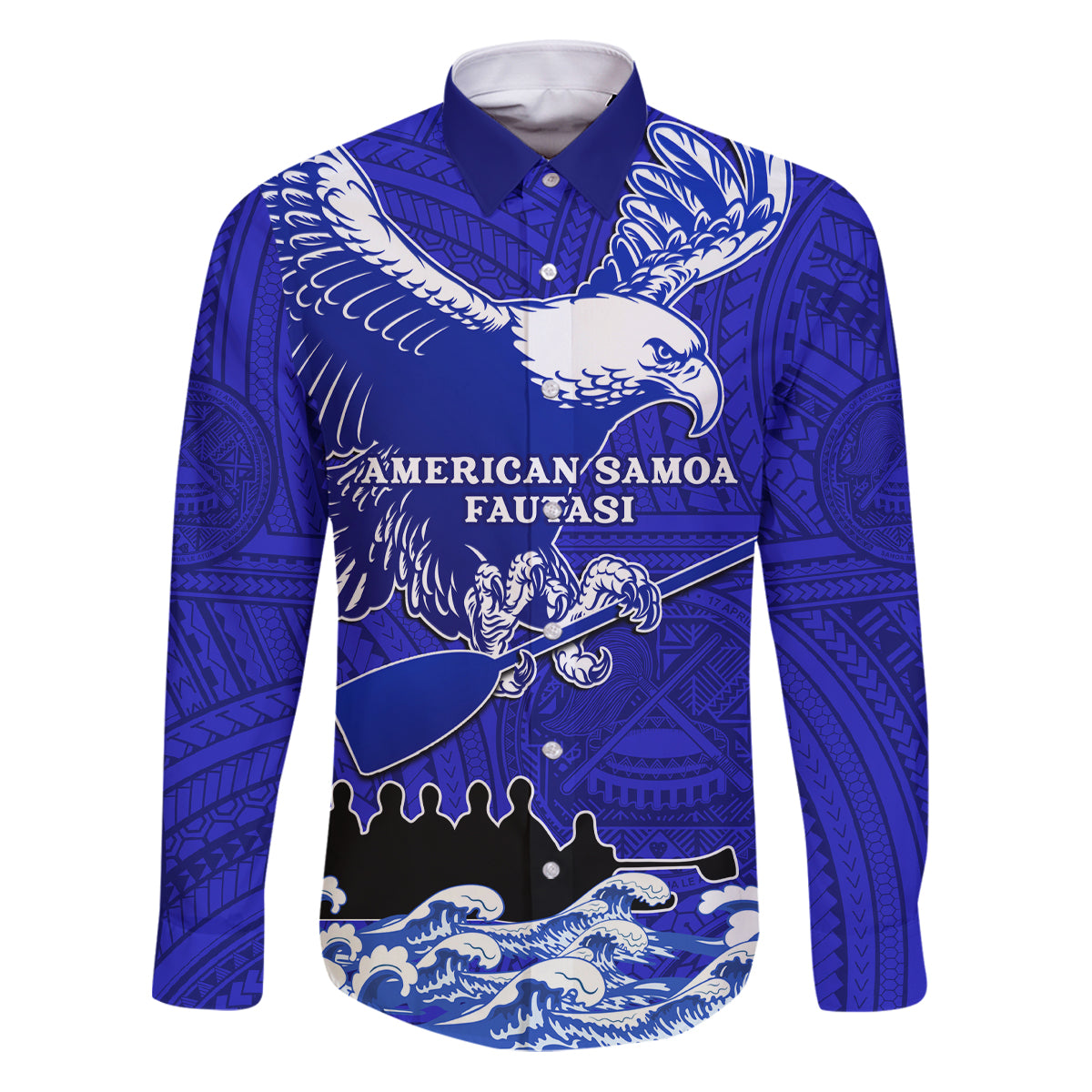 Personalised American Samoa Fautasi Race Family Matching Puletasi Dress and Hawaiian Shirt Eagle With Polynesian Pattern LT14 Dad's Shirt - Long Sleeve Blue - Polynesian Pride