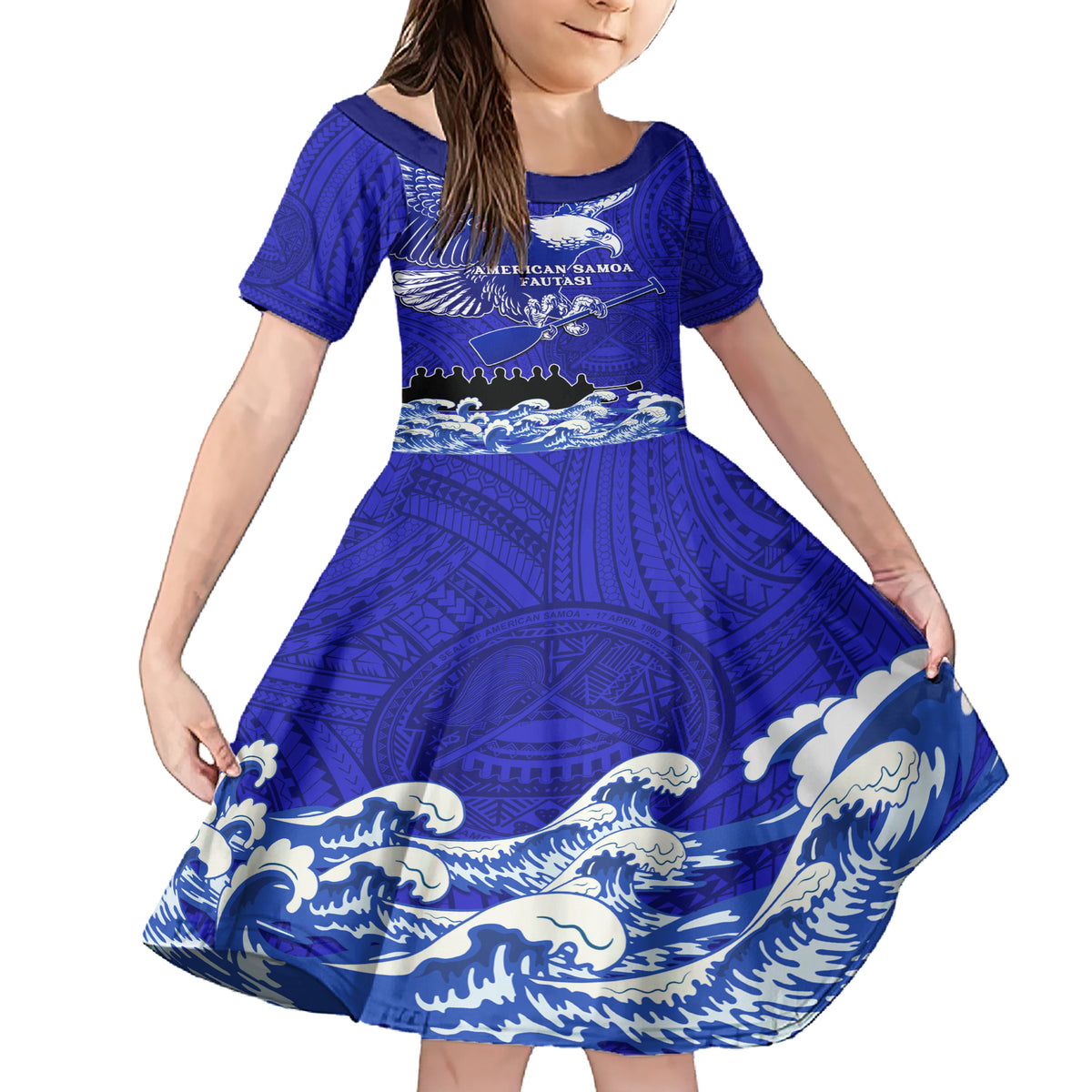 Personalised American Samoa Fautasi Race Family Matching Short Sleeve Bodycon Dress and Hawaiian Shirt Eagle With Polynesian Pattern LT14 Daughter's Dress Blue - Polynesian Pride