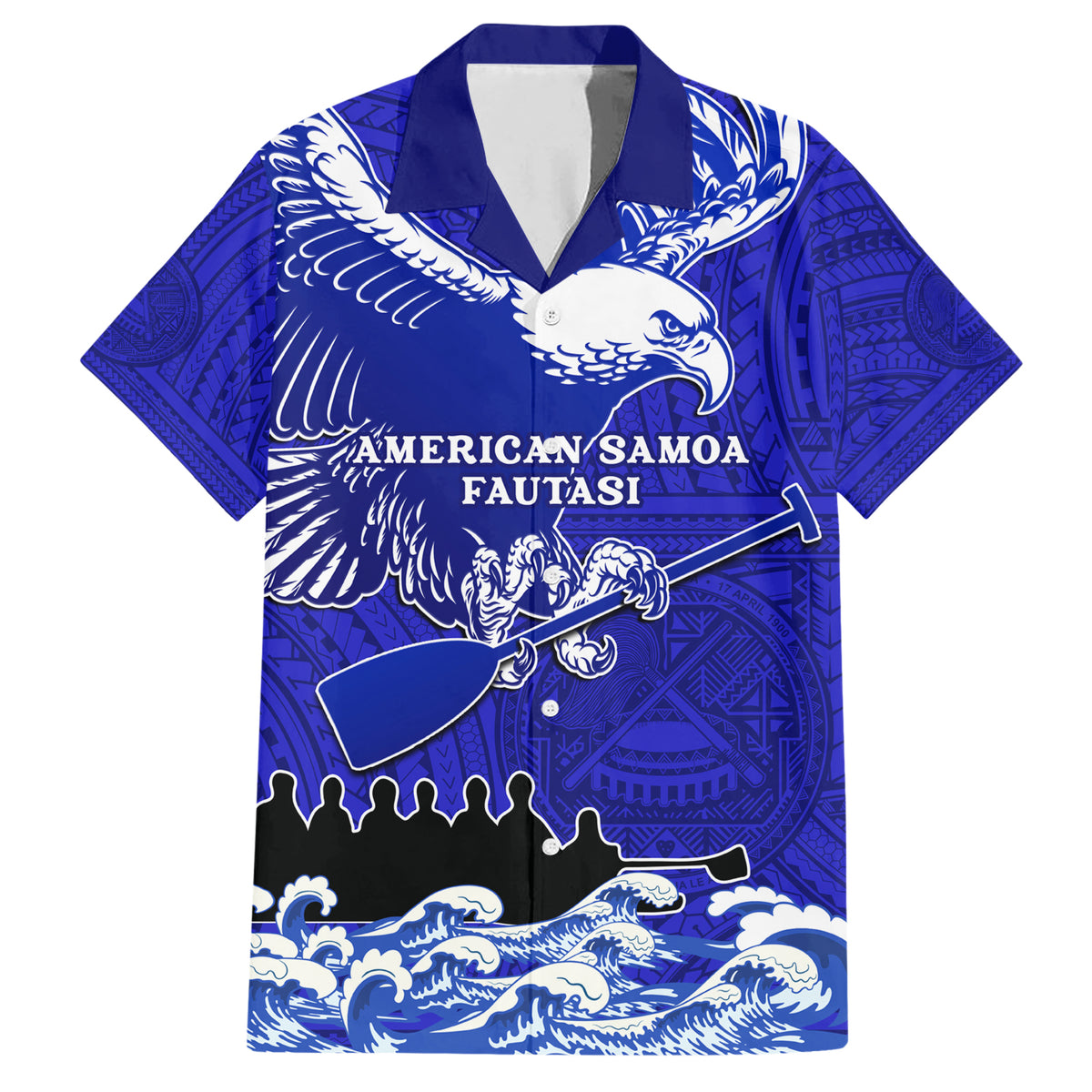 Personalised American Samoa Fautasi Race Family Matching Short Sleeve Bodycon Dress and Hawaiian Shirt Eagle With Polynesian Pattern LT14 Dad's Shirt - Short Sleeve Blue - Polynesian Pride
