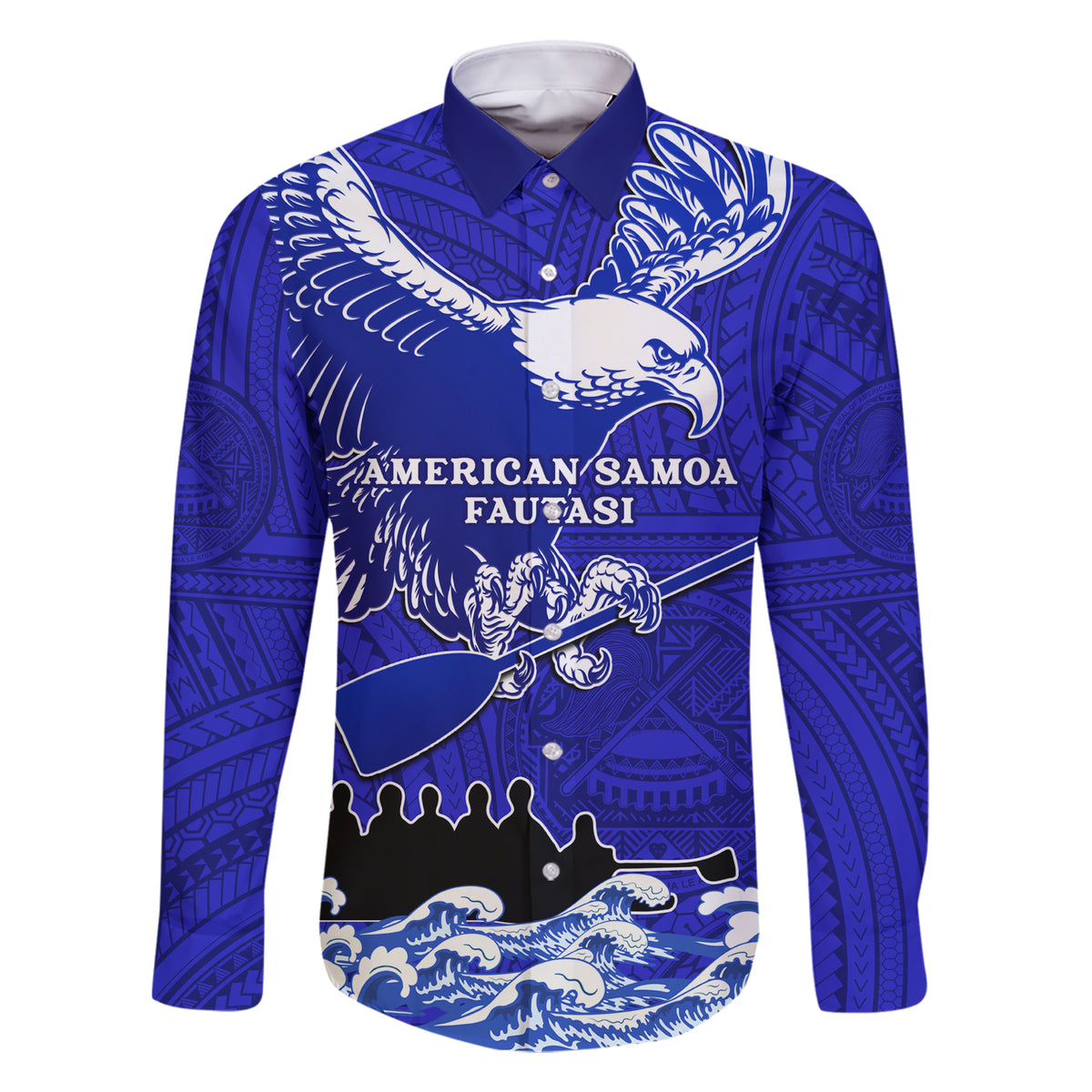 Personalised American Samoa Fautasi Race Family Matching Short Sleeve Bodycon Dress and Hawaiian Shirt Eagle With Polynesian Pattern LT14 Dad's Shirt - Long Sleeve Blue - Polynesian Pride
