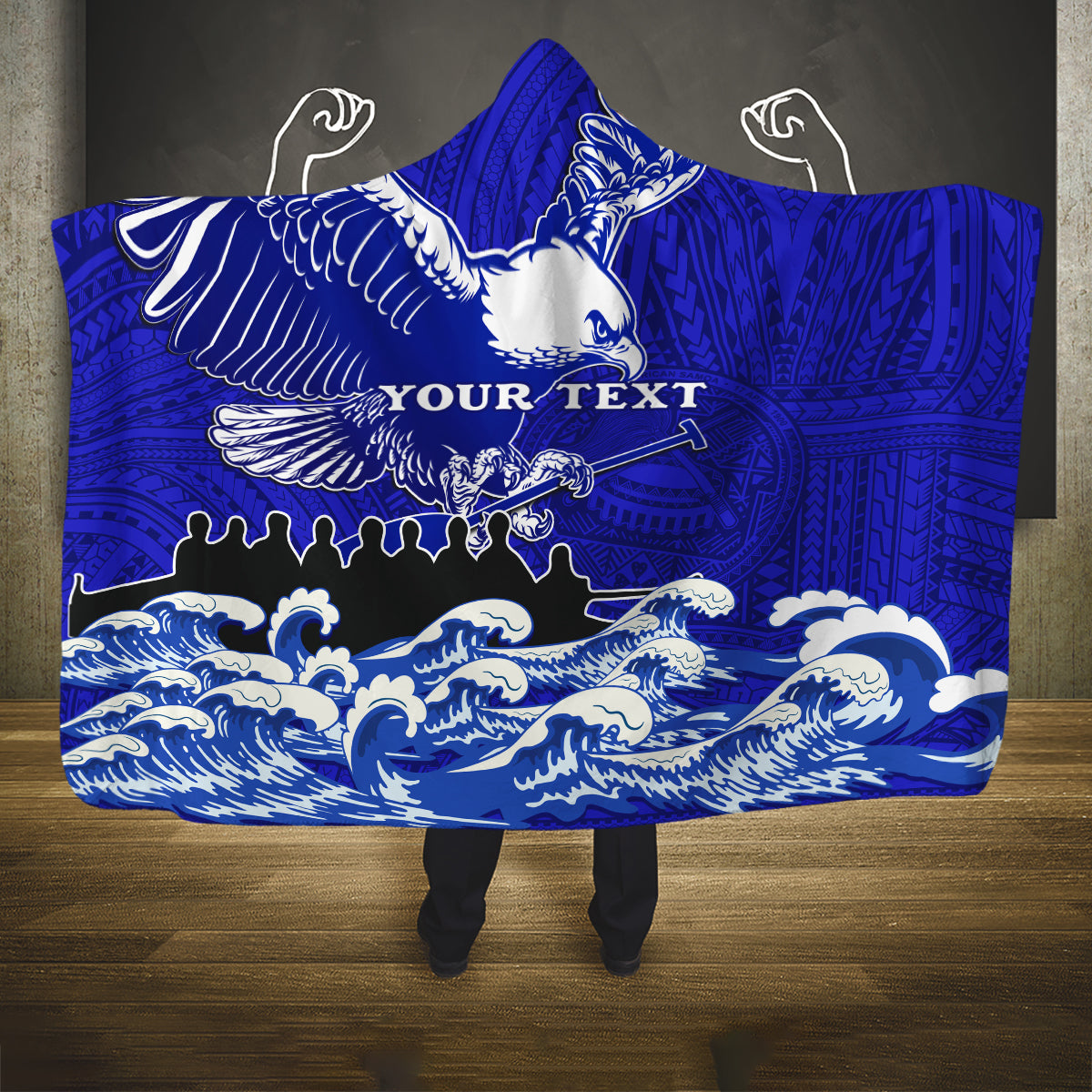 Personalised American Samoa Fautasi Race Hooded Blanket Eagle With Polynesian Pattern LT14 One Size Blue - Polynesian Pride