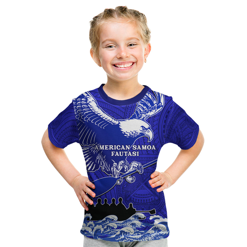 Personalised American Samoa Fautasi Race Kid T Shirt Eagle With Polynesian Pattern LT14 Blue - Polynesian Pride