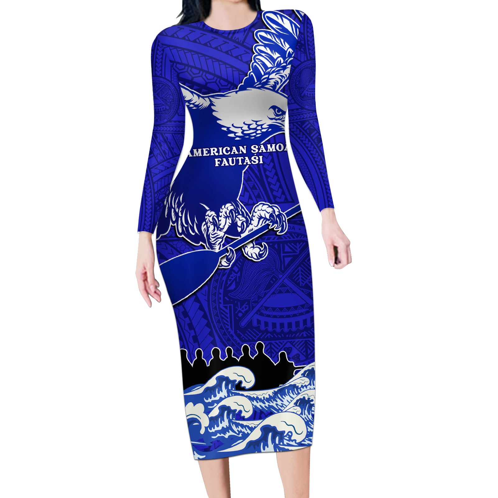 Personalised American Samoa Fautasi Race Long Sleeve Bodycon Dress Eagle With Polynesian Pattern LT14 Long Dress Blue - Polynesian Pride