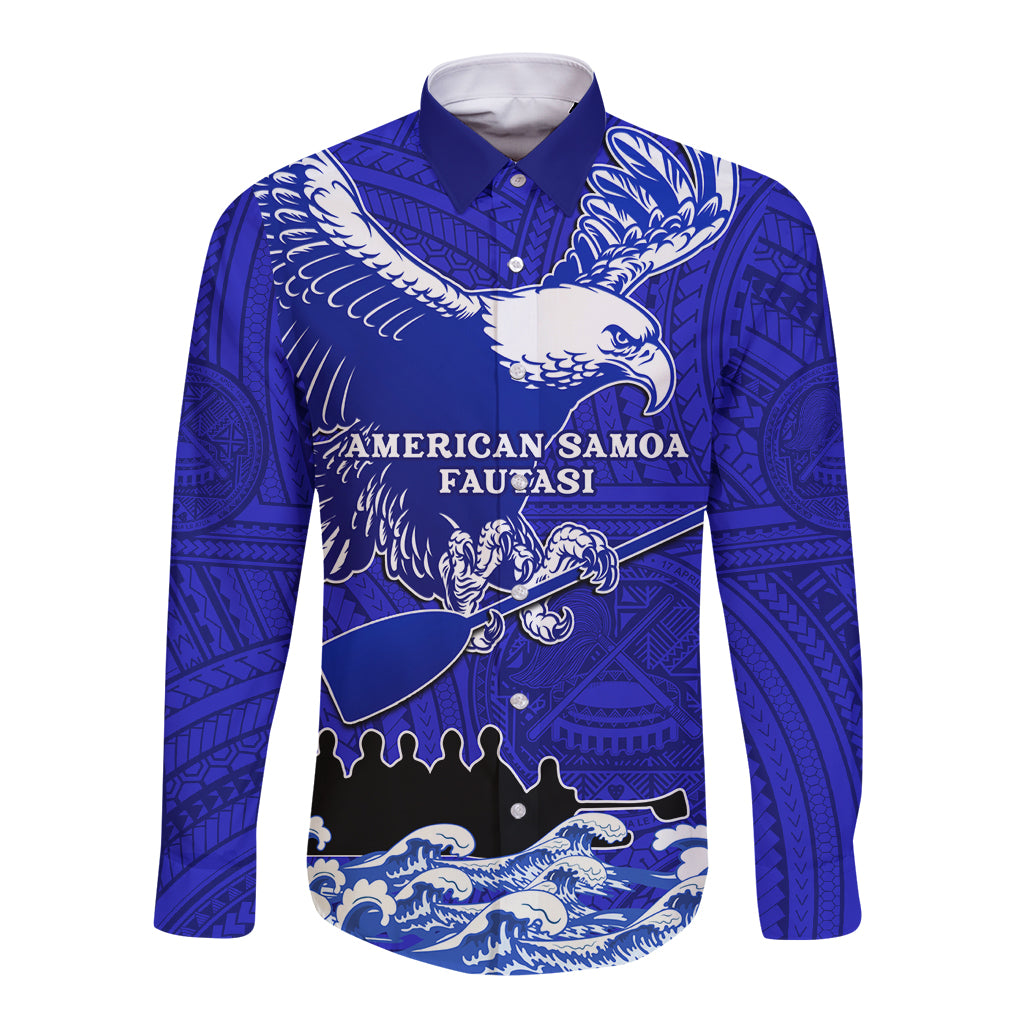 Personalised American Samoa Fautasi Race Long Sleeve Button Shirt Eagle With Polynesian Pattern LT14 Unisex Blue - Polynesian Pride