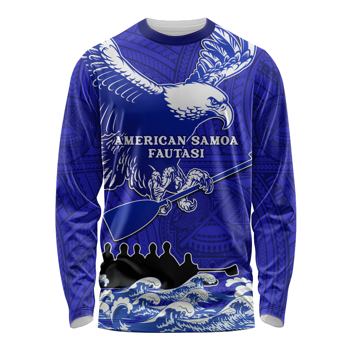 Personalised American Samoa Fautasi Race Long Sleeve Shirt Eagle With Polynesian Pattern LT14 Unisex Blue - Polynesian Pride