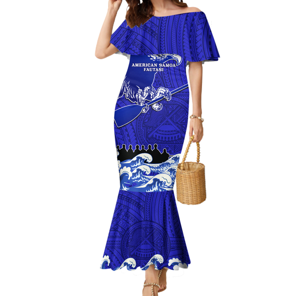 Personalised American Samoa Fautasi Race Mermaid Dress Eagle With Polynesian Pattern LT14 Women Blue - Polynesian Pride