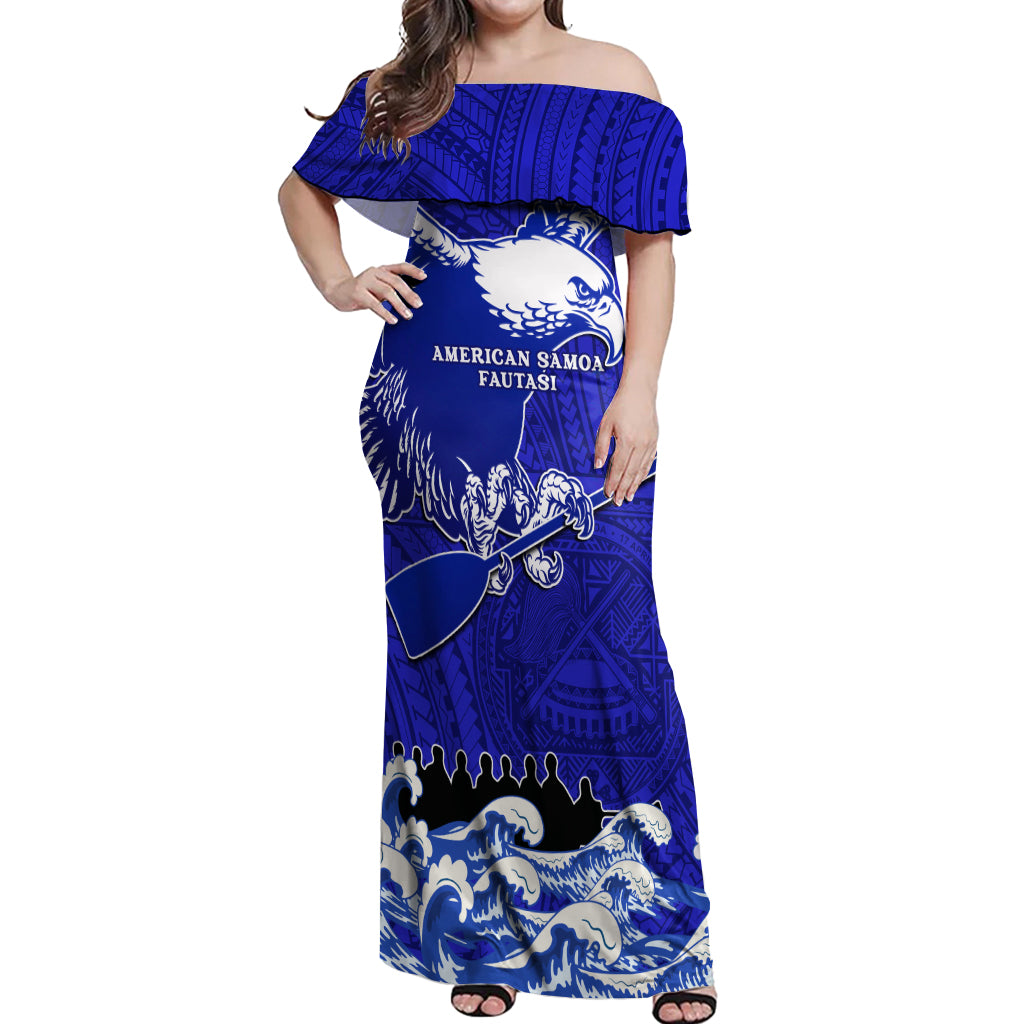 Personalised American Samoa Fautasi Race Off Shoulder Maxi Dress Eagle With Polynesian Pattern LT14 Women Blue - Polynesian Pride