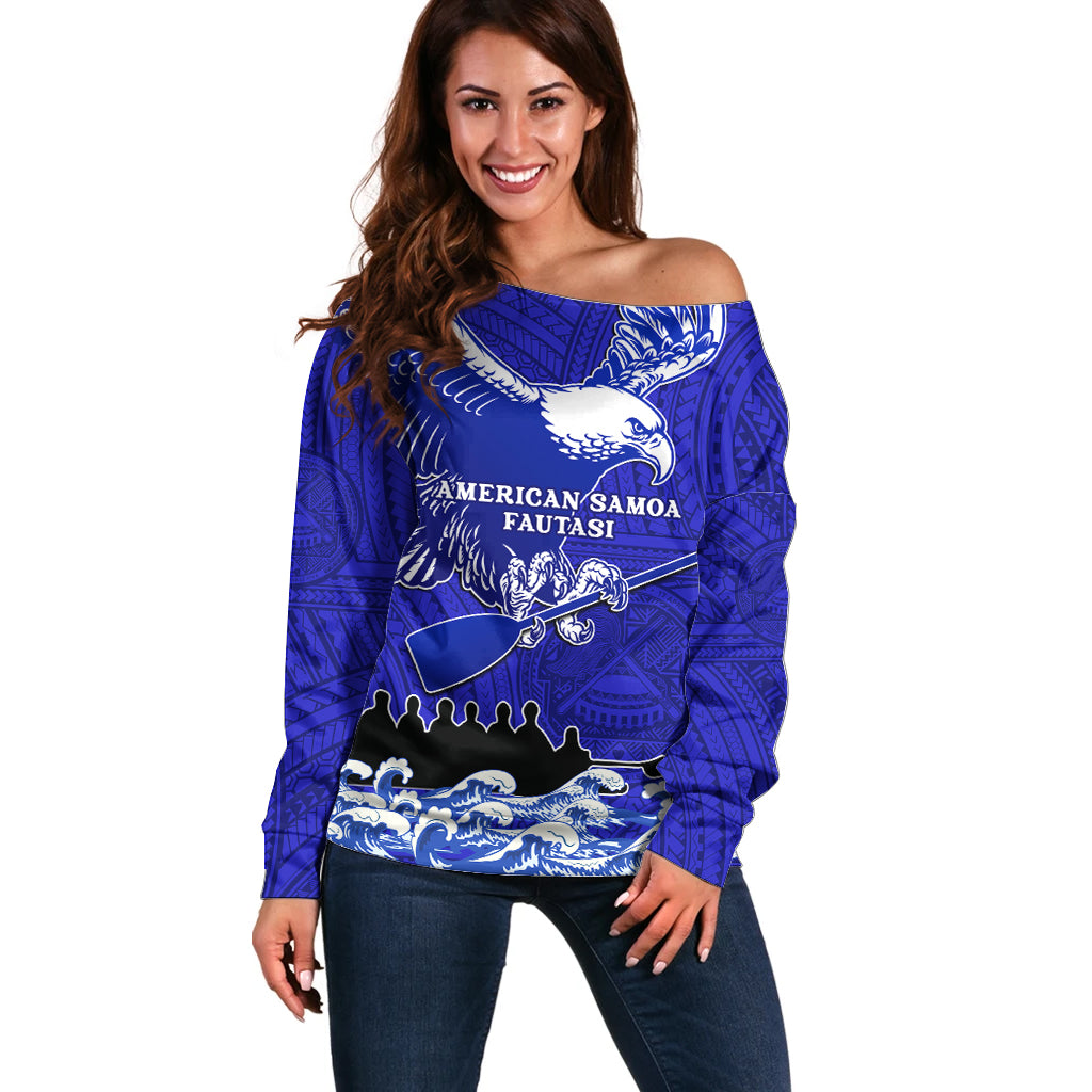 Personalised American Samoa Fautasi Race Off Shoulder Sweater Eagle With Polynesian Pattern LT14 Women Blue - Polynesian Pride