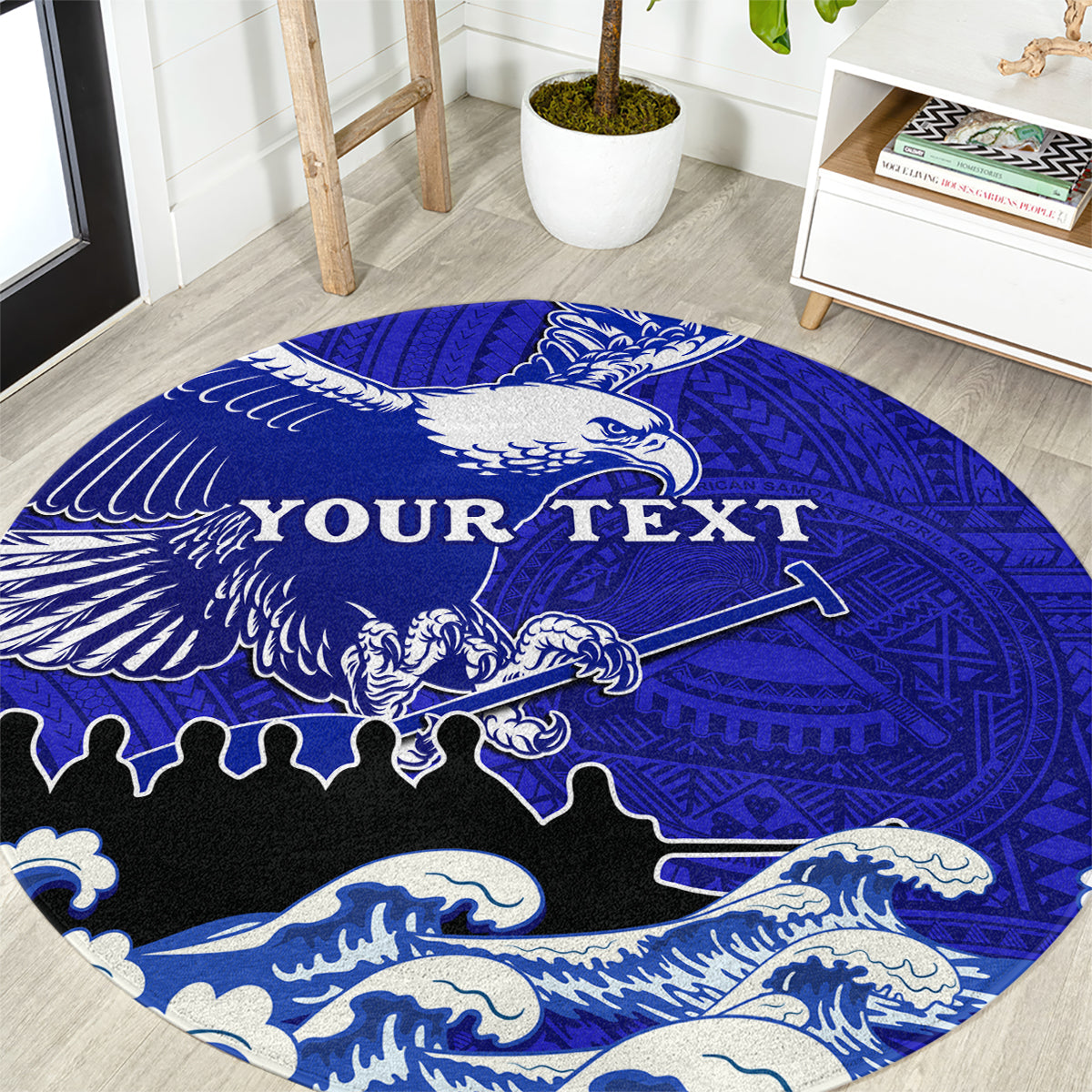 Personalised American Samoa Fautasi Race Round Carpet Eagle With Polynesian Pattern LT14 Blue - Polynesian Pride