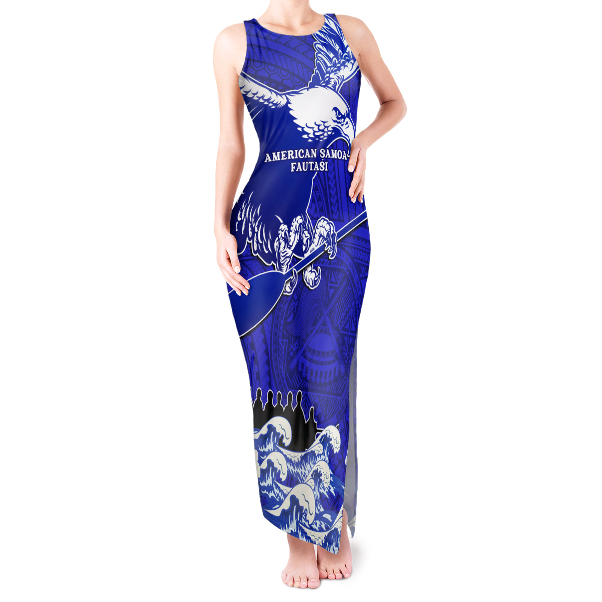 Personalised American Samoa Fautasi Race Tank Maxi Dress Eagle With Polynesian Pattern LT14 Women Blue - Polynesian Pride