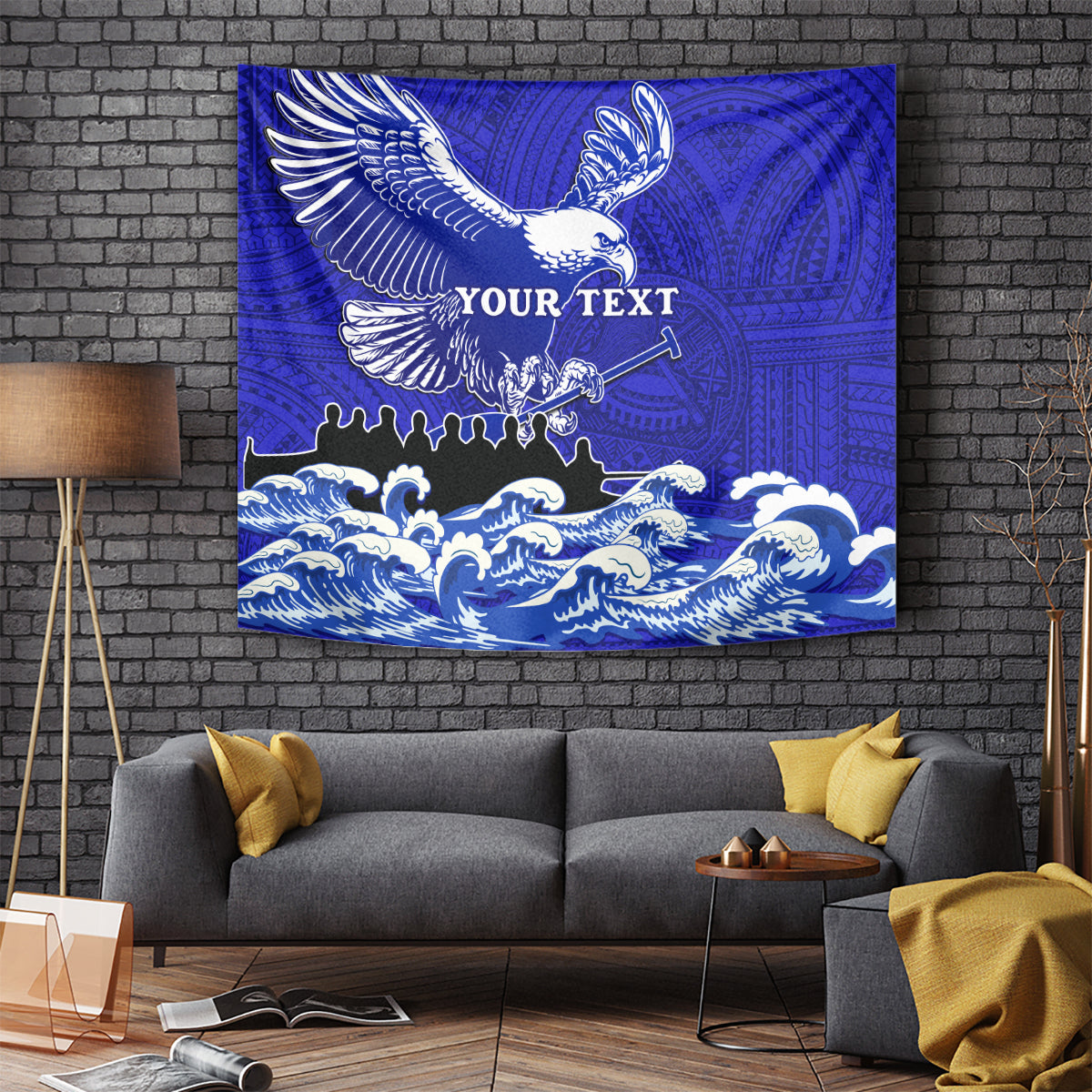 Personalised American Samoa Fautasi Race Tapestry Eagle With Polynesian Pattern LT14 Blue - Polynesian Pride