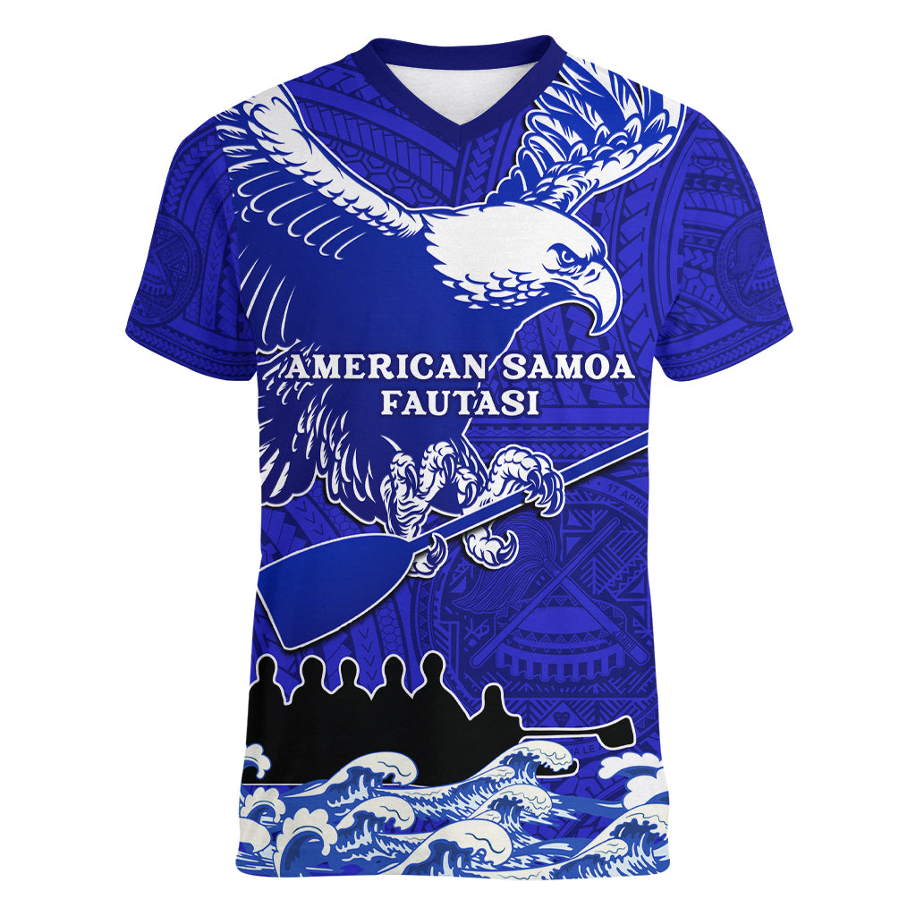 Personalised American Samoa Fautasi Race Women V Neck T Shirt Eagle With Polynesian Pattern LT14 Female Blue - Polynesian Pride